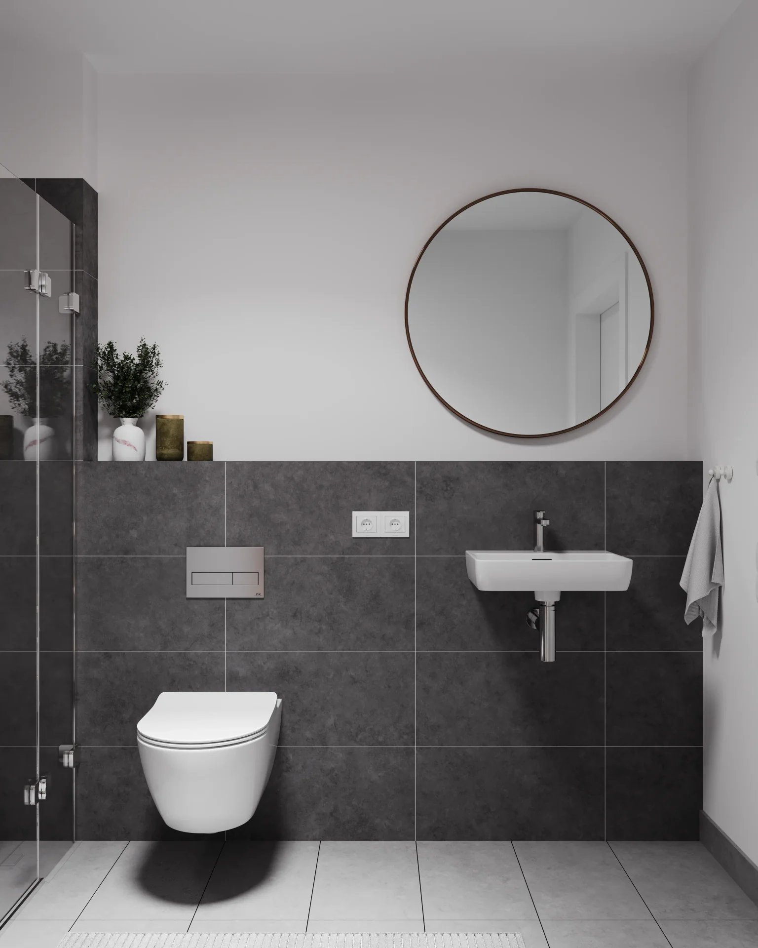 Front view of a sink, toilet installation, mirror, and shower.