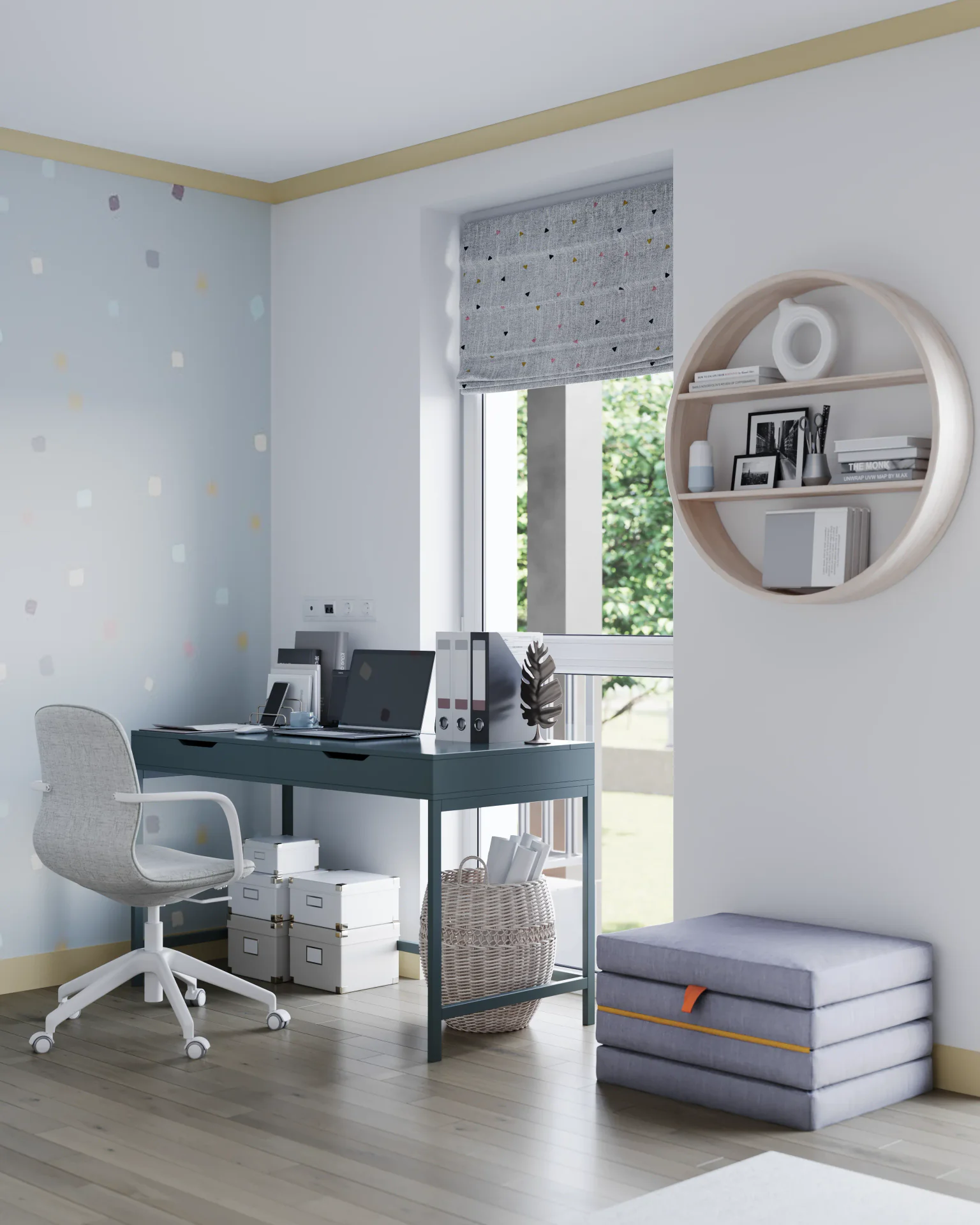 Angled view of a workspace with a desk, pouf, and shelves.