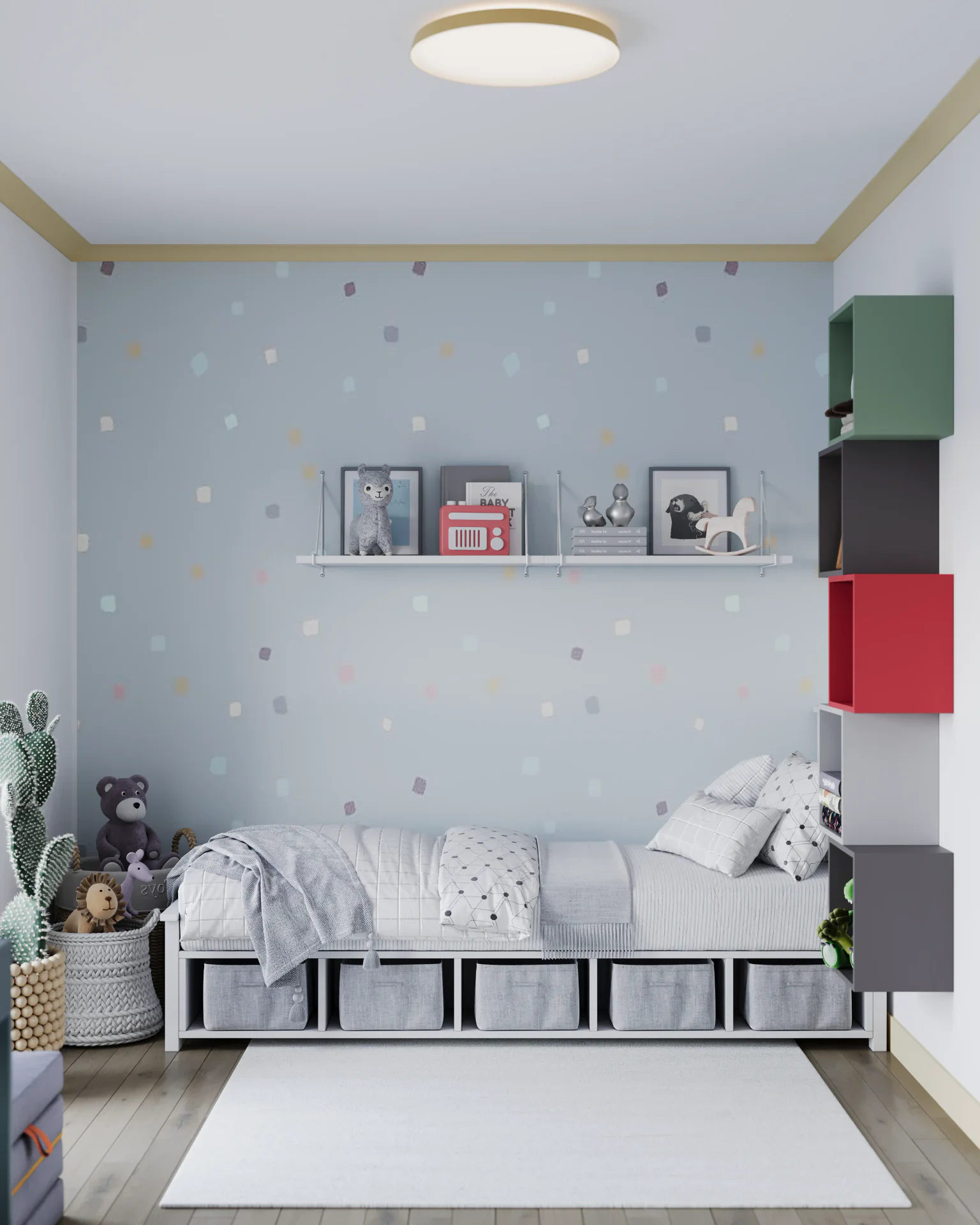 Front view of a bed and bookshelves.