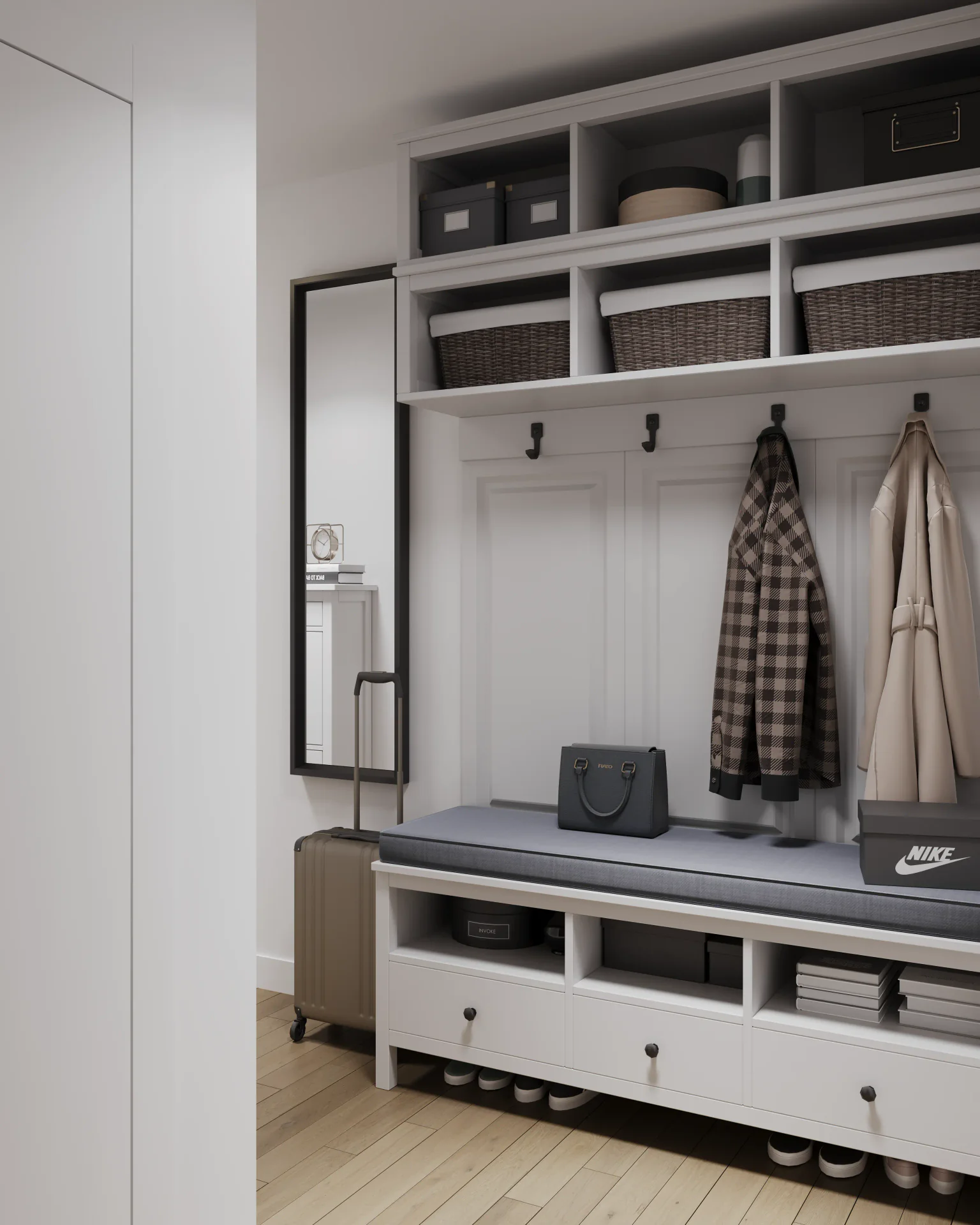 Angled hallway composition with shoe rack and hooks.