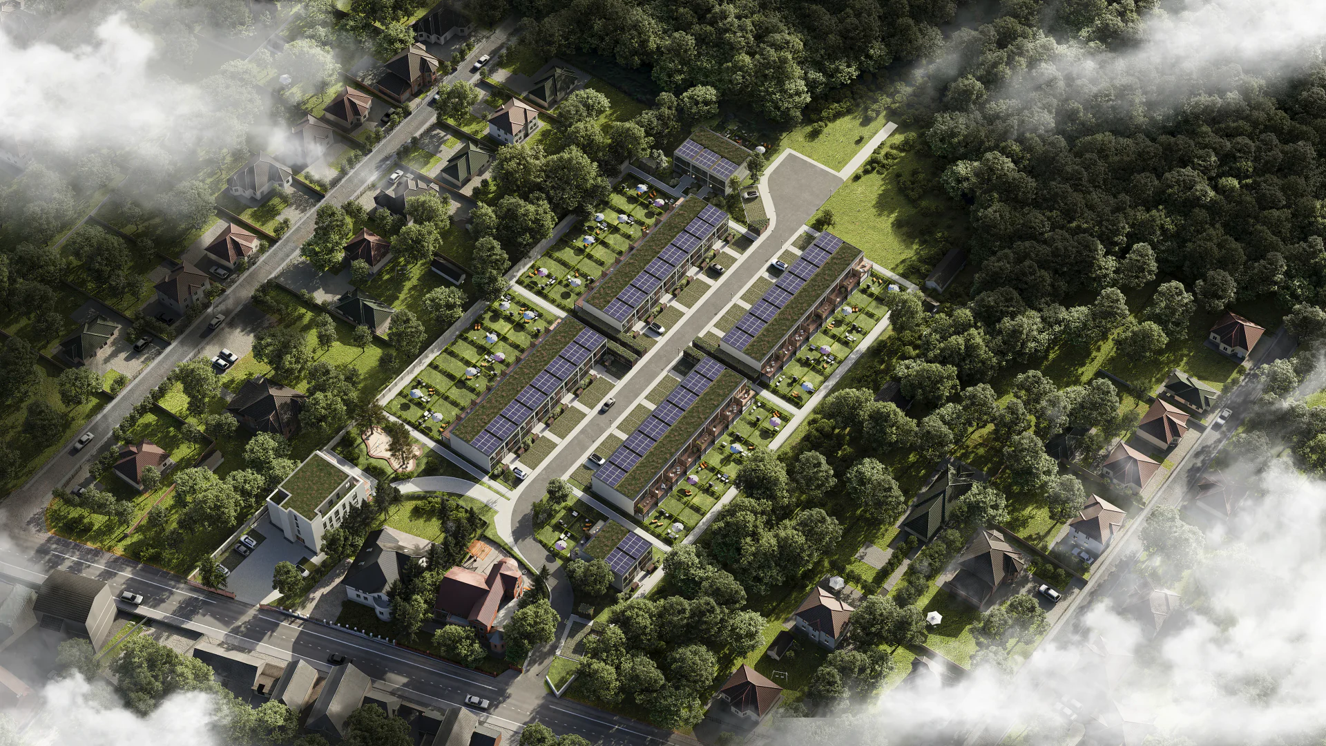 Aerial bird's-eye view of a modern residential townhouse complex layout.