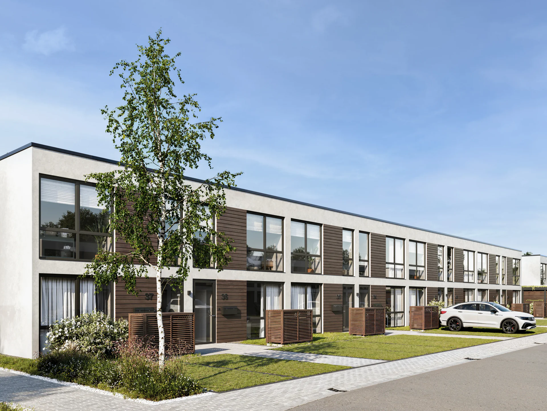 Angled view of a house and parking spaces.