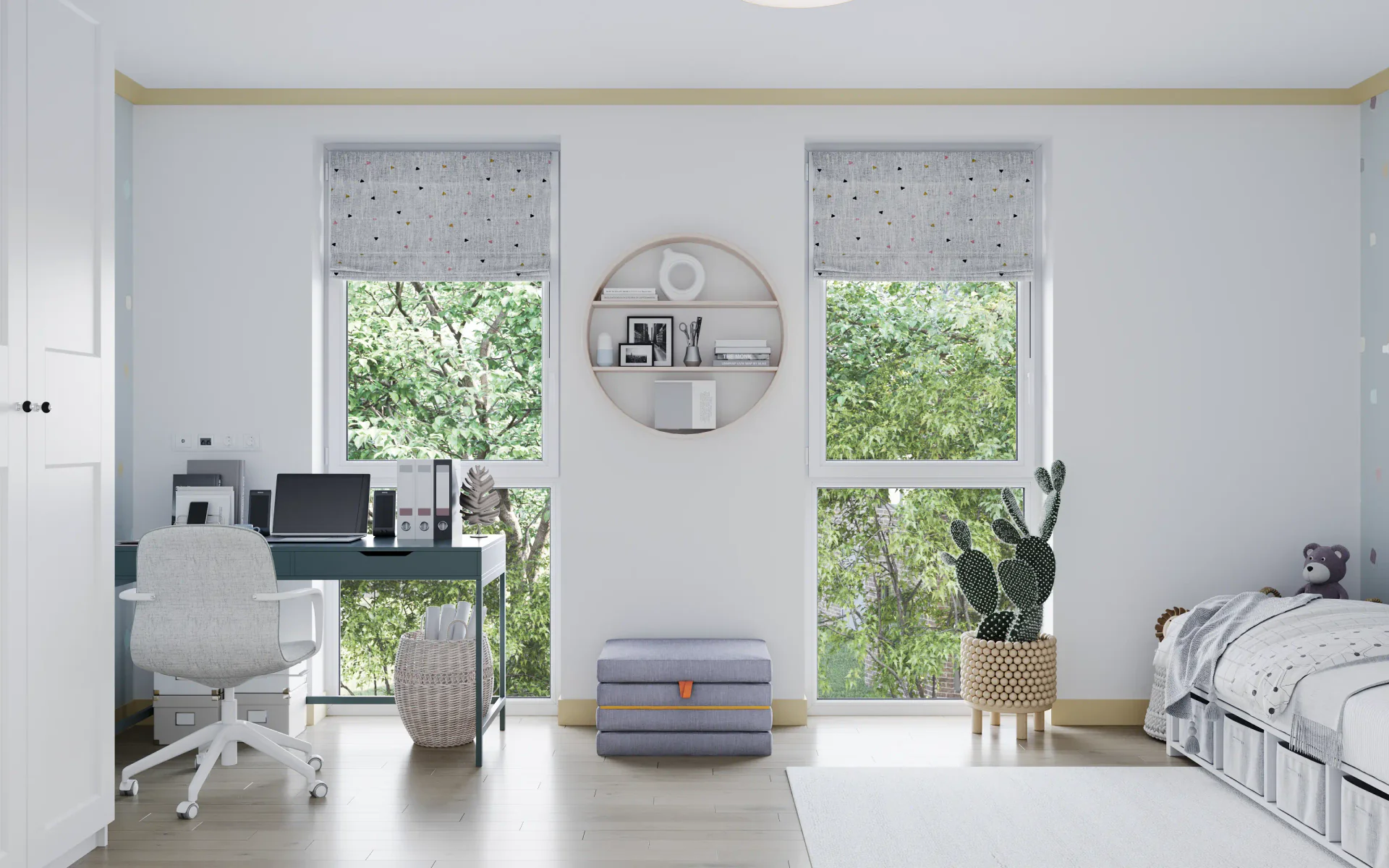 Front view of a window, desk, and bookshelves.