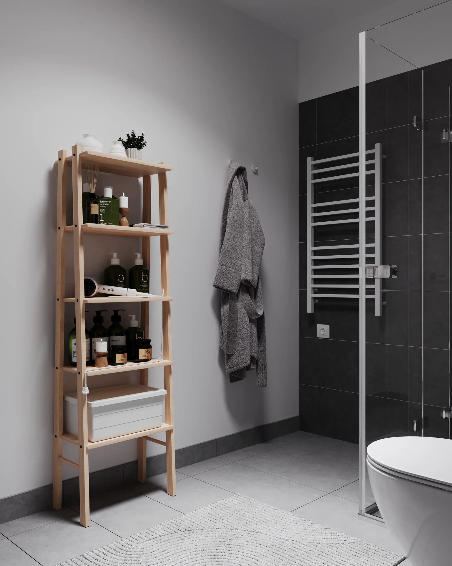 Angled view of a cosmetic shelf and hooks for towels.