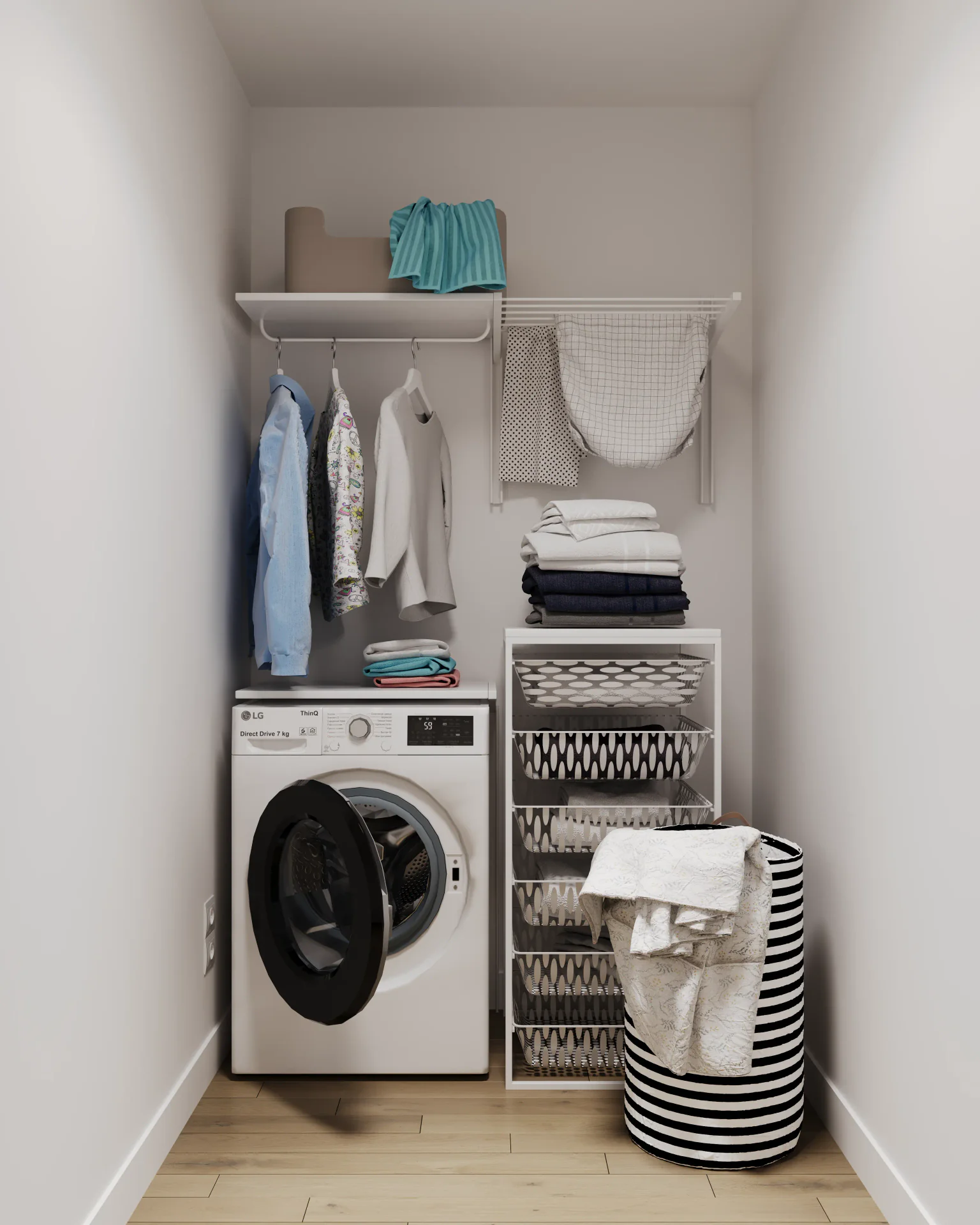 Pantry with washing machine and chemical storage shelves.