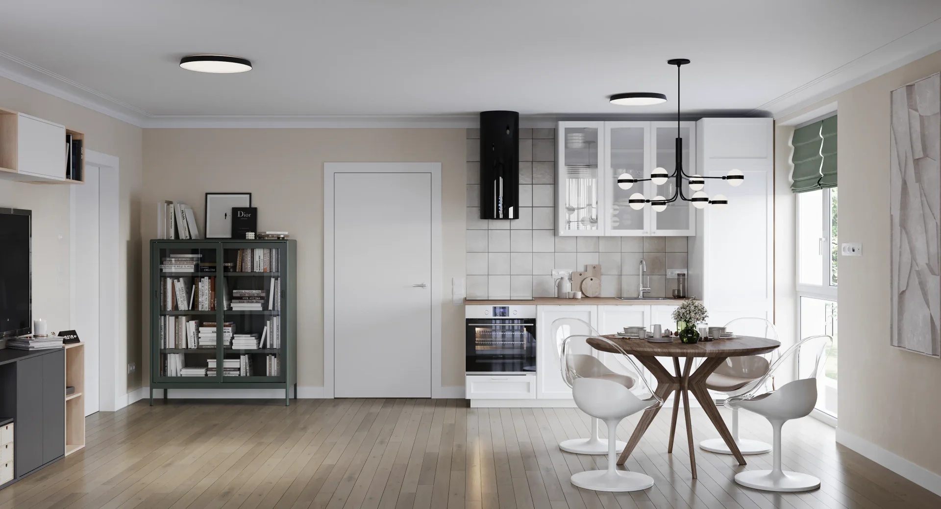 General kitchen view with cabinetry, dining area, and display case.