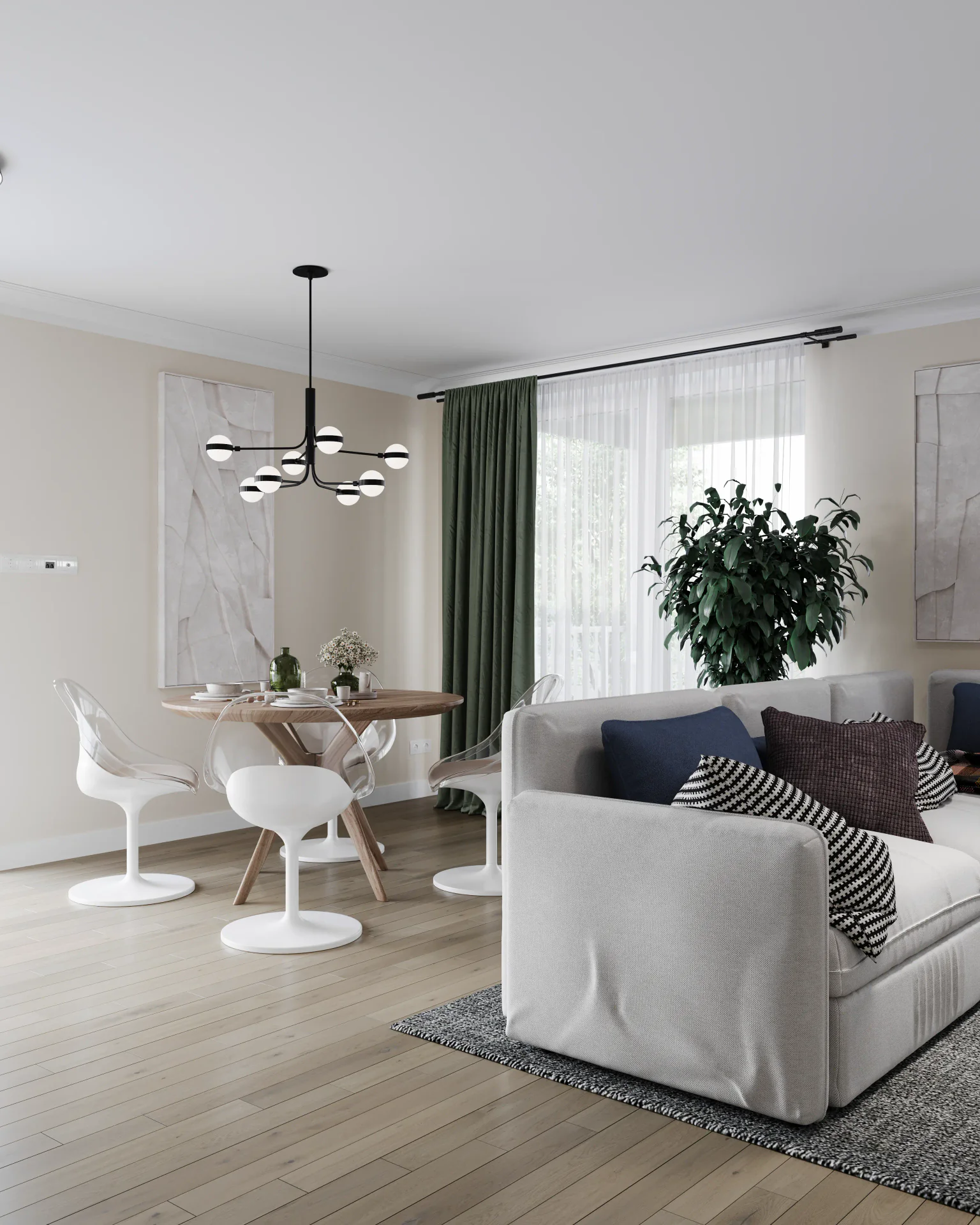 Angled view of a dining table and sofa.