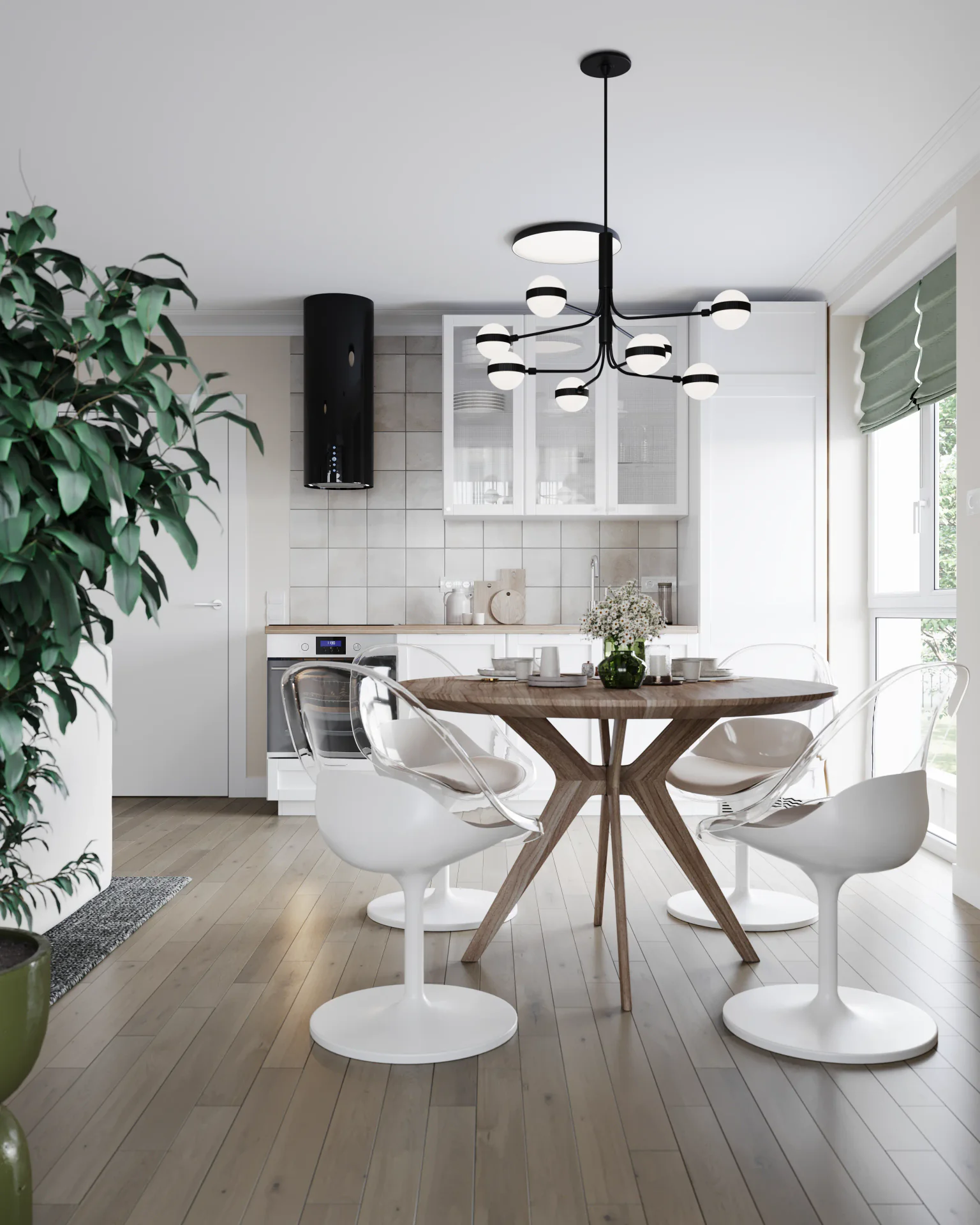 Dining table for four people and kitchen cabinetry.
