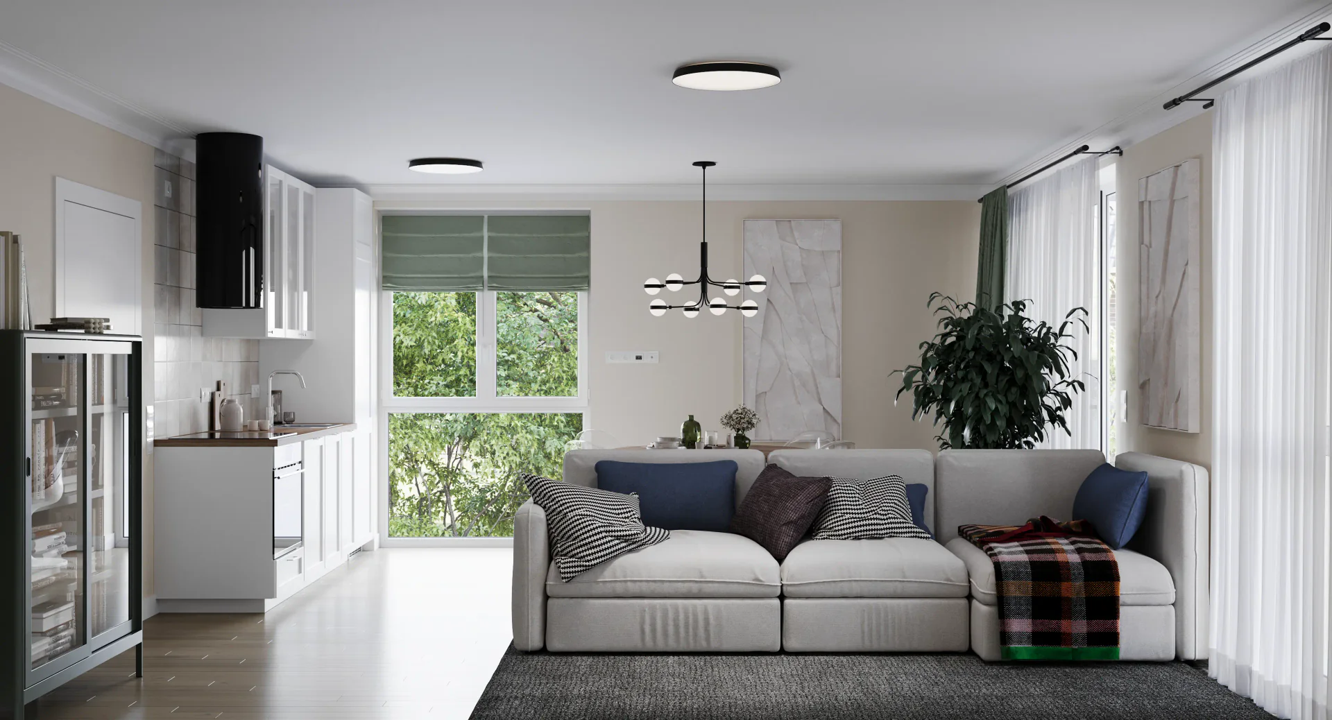 General living room view with sofa, TV, and dining area.