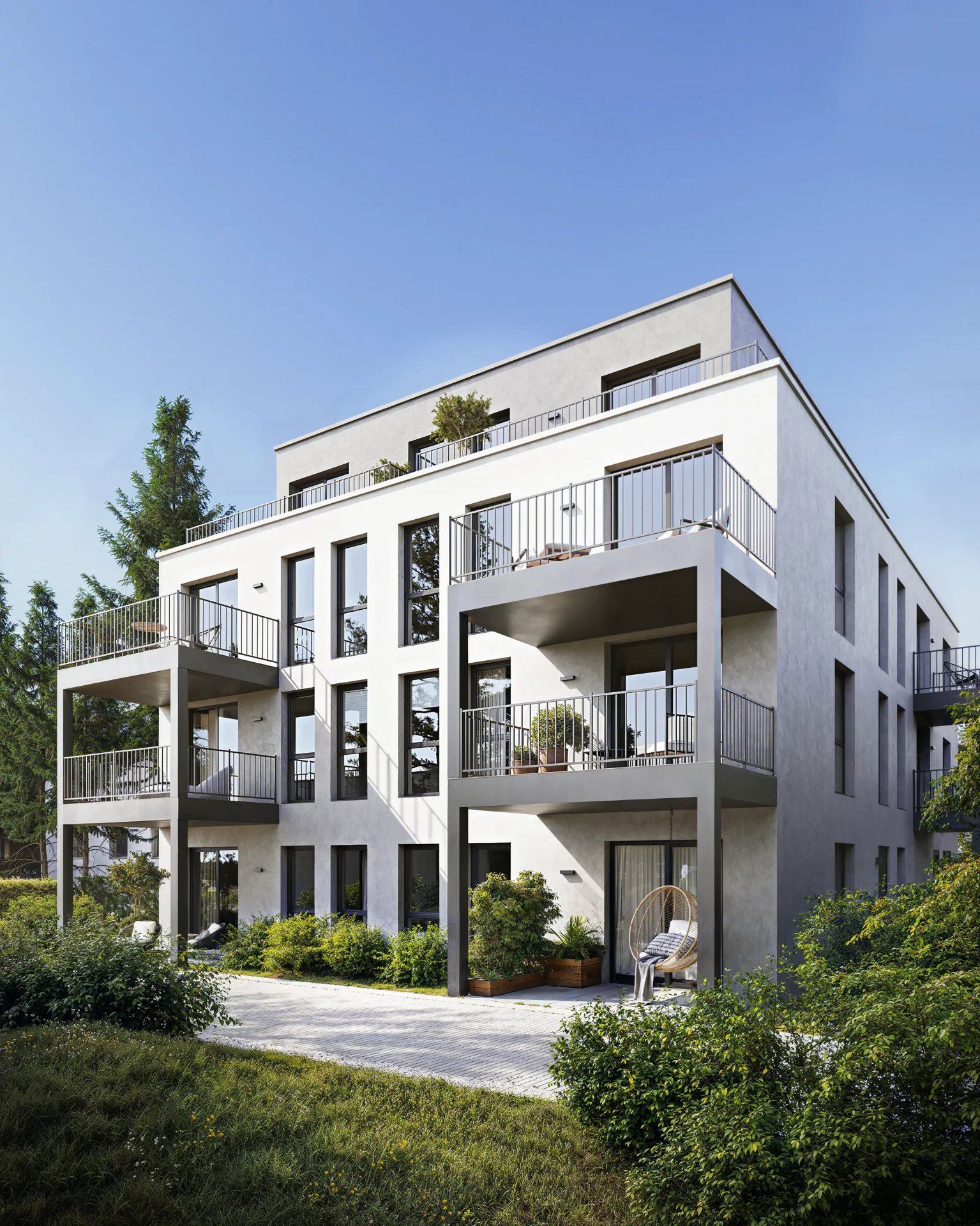 Angled view of house facades and balconies.