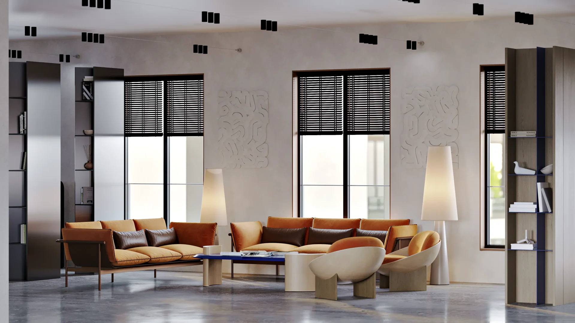 Comfortable sofa grouping in a library common area, ideal for group study or relaxation.