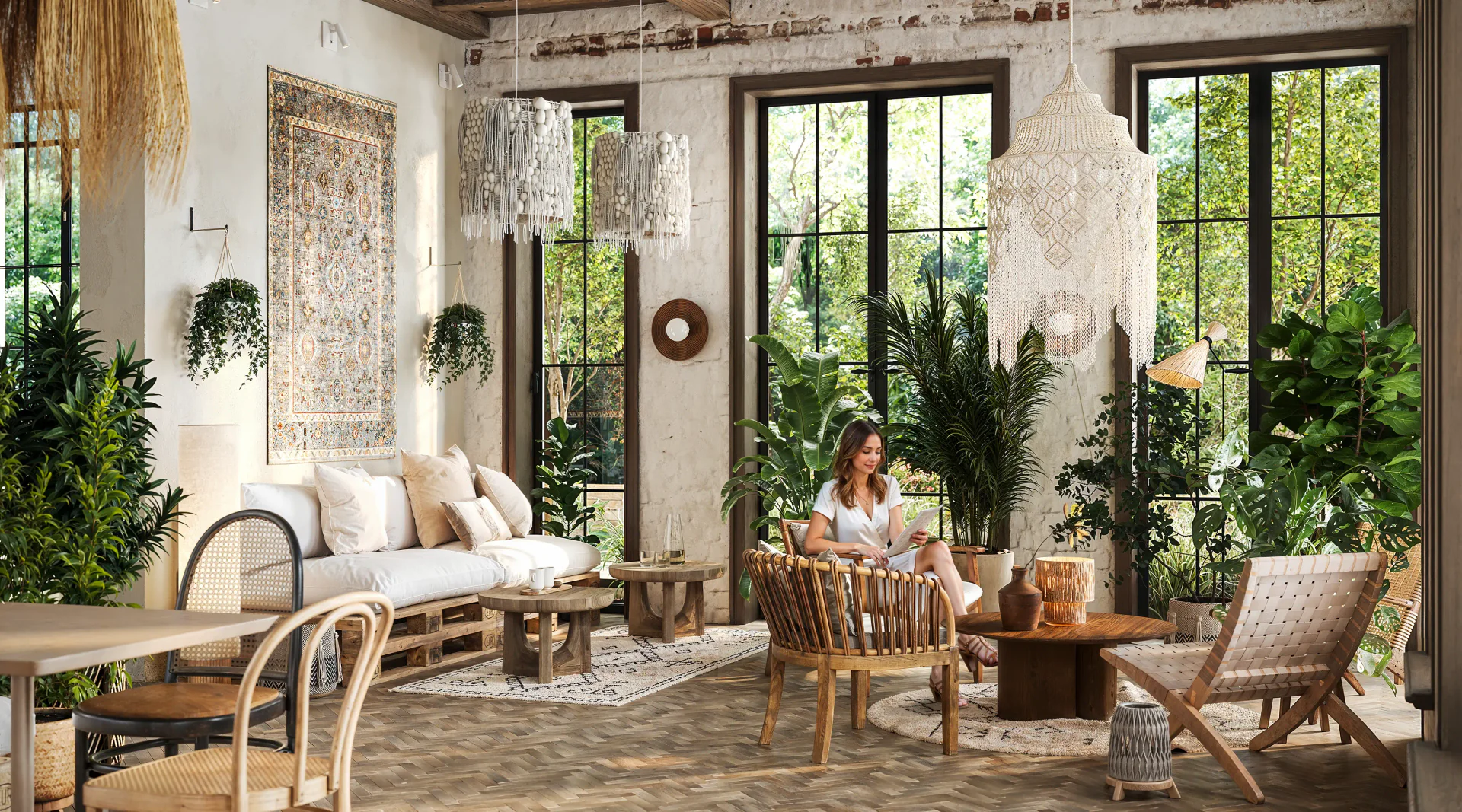 Elegant restaurant lounge area featuring a plush sofa, coffee tables, and a cozy armchair grouping.