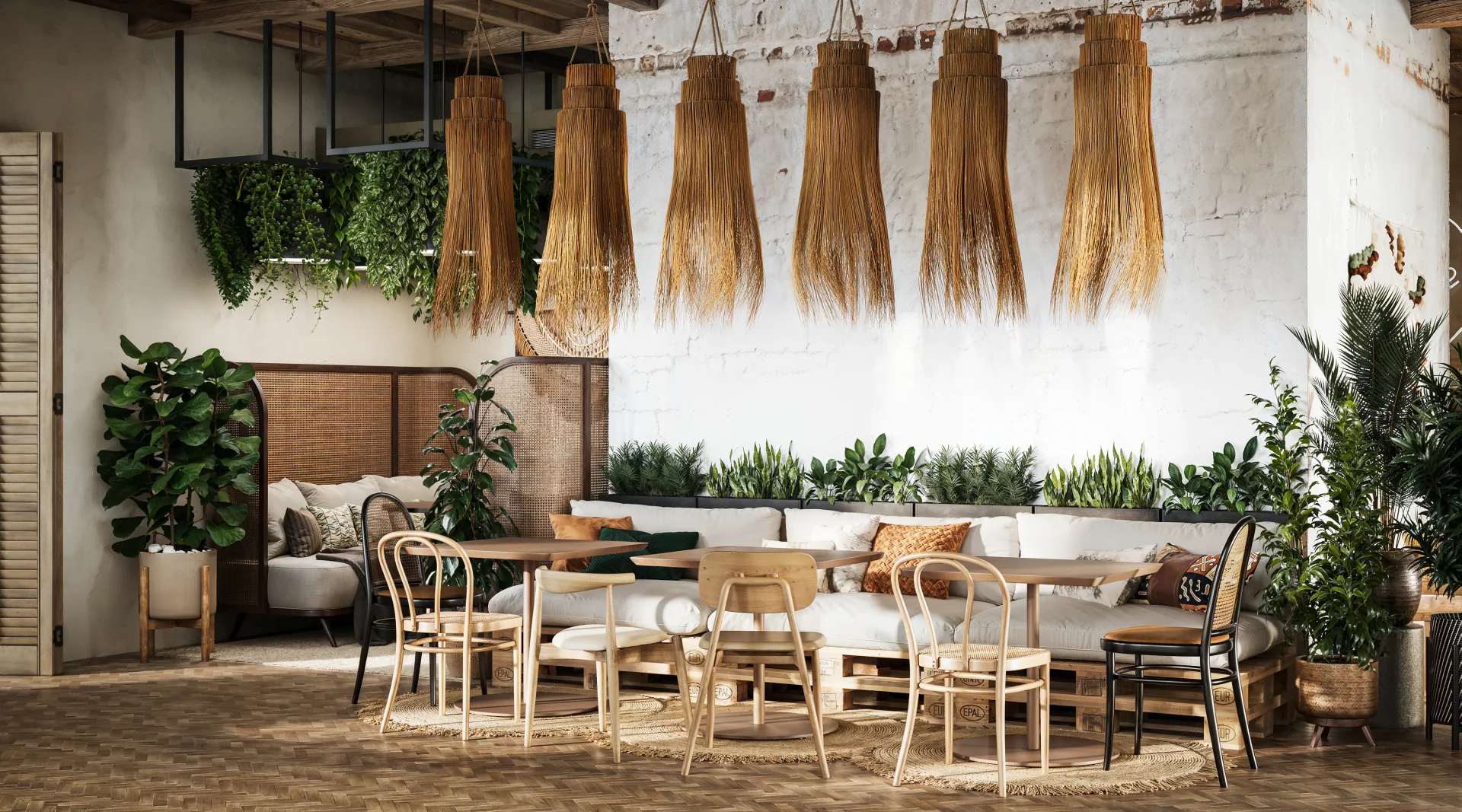 Main dining hall with flexible seating, including tables for two and intimate banquette nooks.