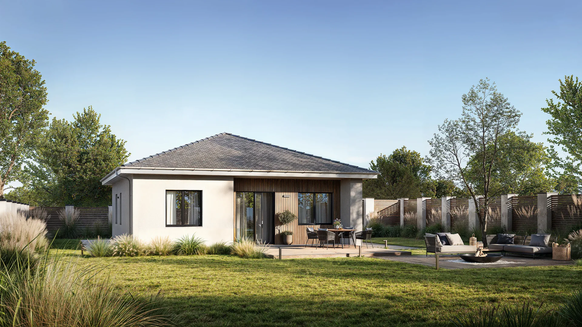 Modern house facade with a terrace dining area and cozy BBQ lounge.