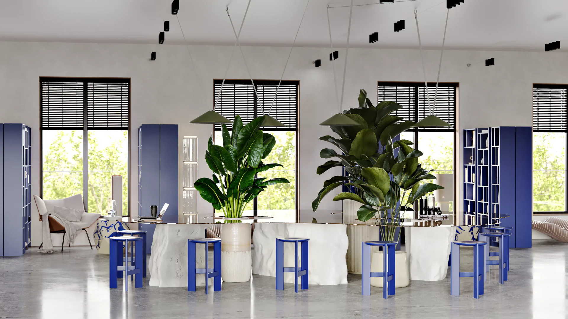 Row of individual work desks in a library, with a view towards tall bookshelves.