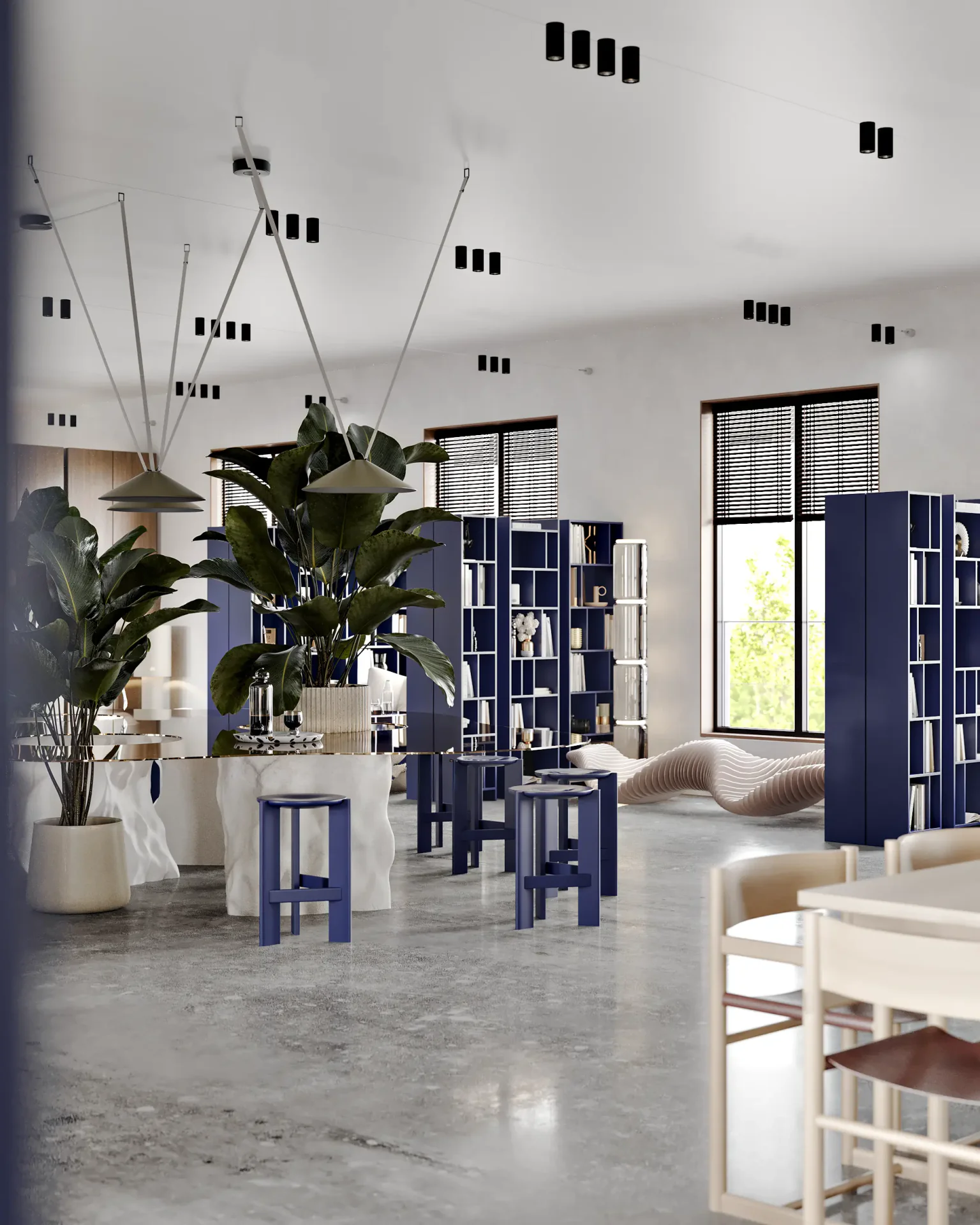 Wide view of a modern library showing individual study tables and extensive bookshelves.