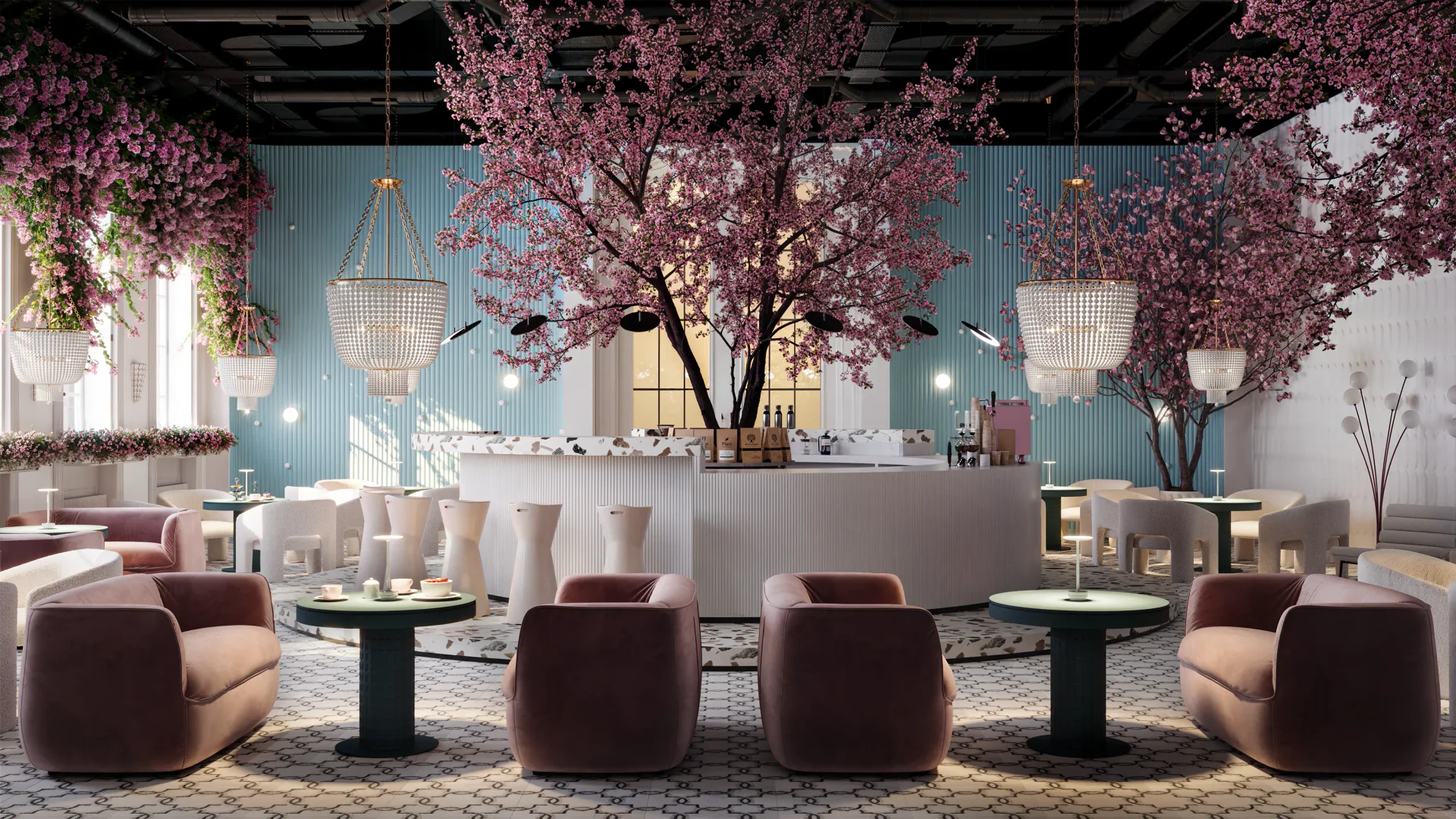 Serene modern cafe interior with varied seating: bar stools, intimate armchairs, and cozy sofas by the bar.