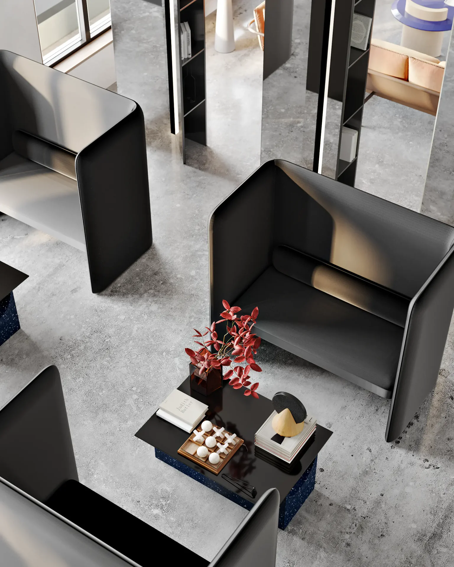 Private two-person booths with high-back sofas, ideal for focused work or conversation.