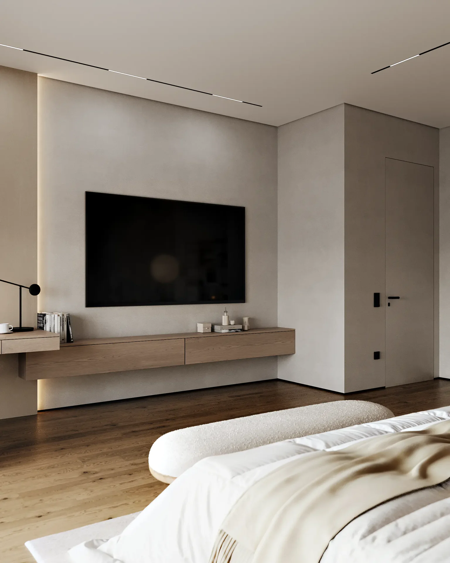 View of the master bedroom entrance and a discrete, minimalist wall-mounted TV zone.