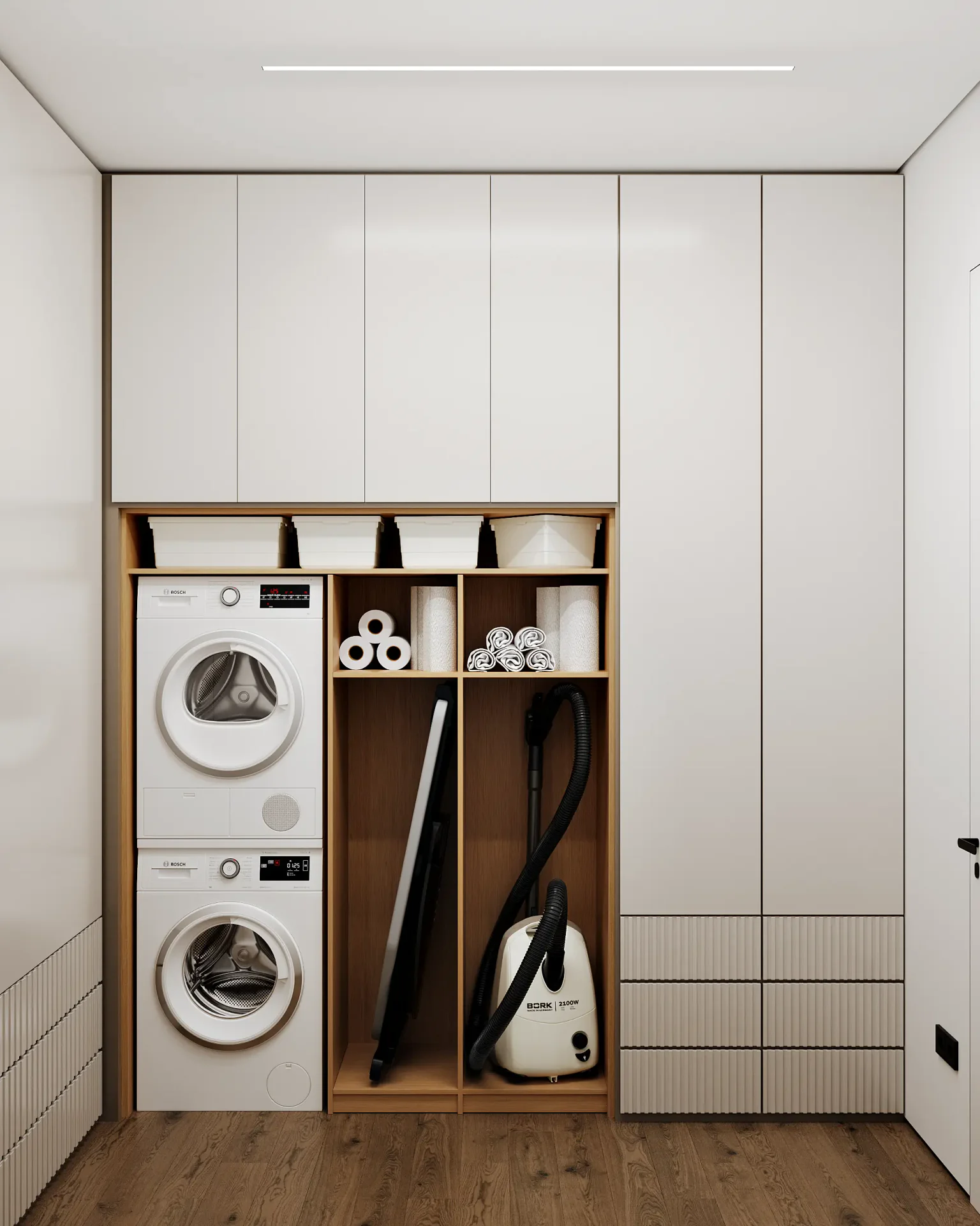 Functional Japandi laundry room with a stacked washer-dryer and efficient built-in storage.