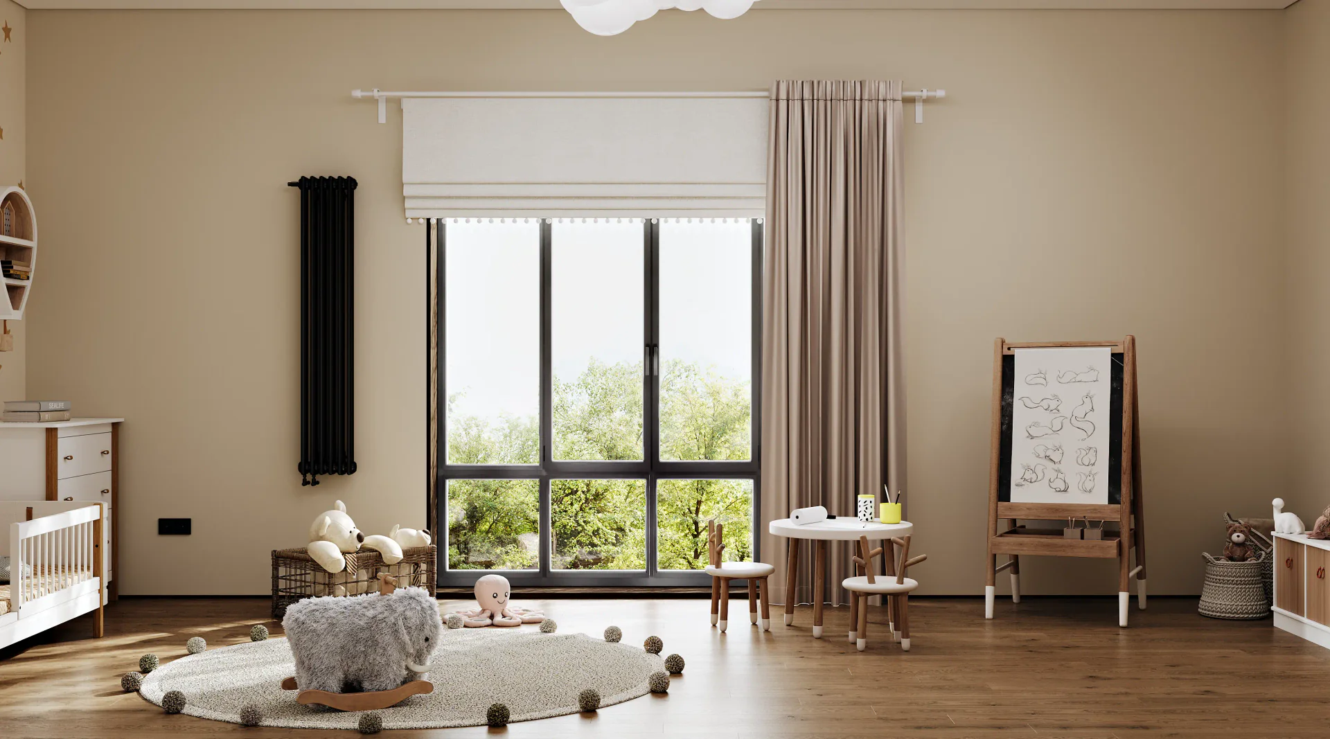 Spacious Japandi play area filled with natural light, showing an easel, table, and wooden storage.