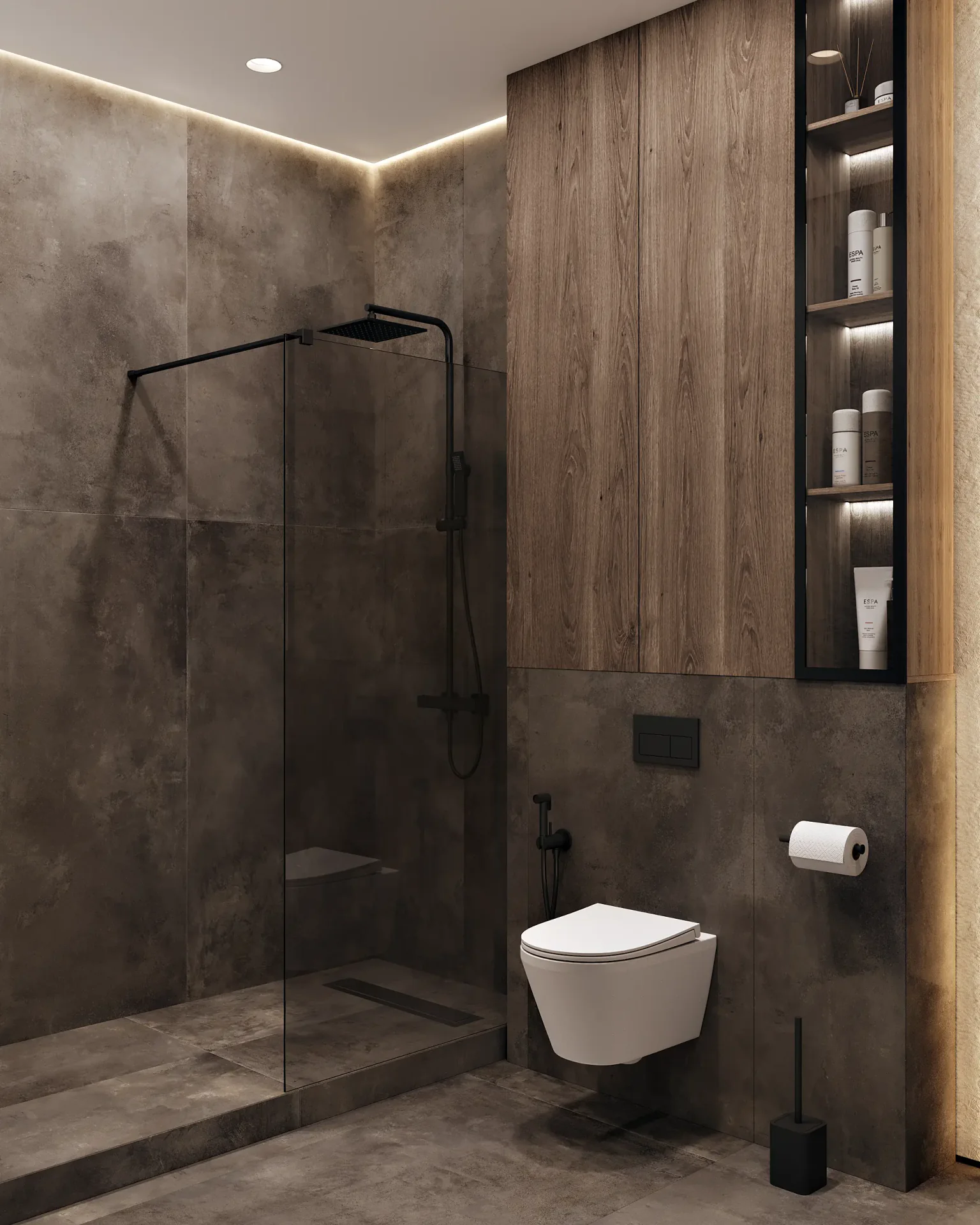 View of the Japandi guest bathroom, showing the minimalist shower enclosure and wall-mounted toilet.