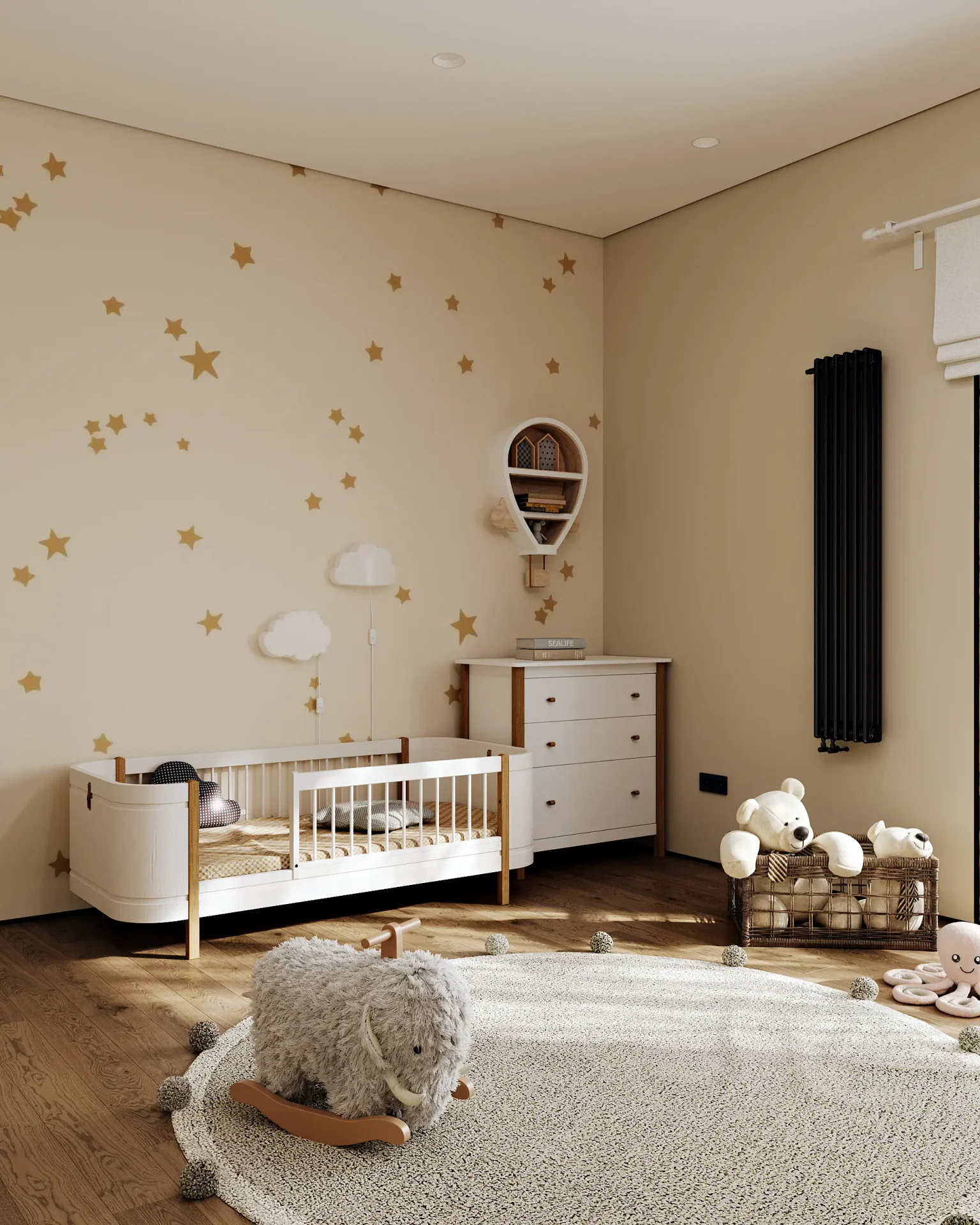 Serene Japandi children's bedroom with a bed, light wood dresser, and minimalist toys.