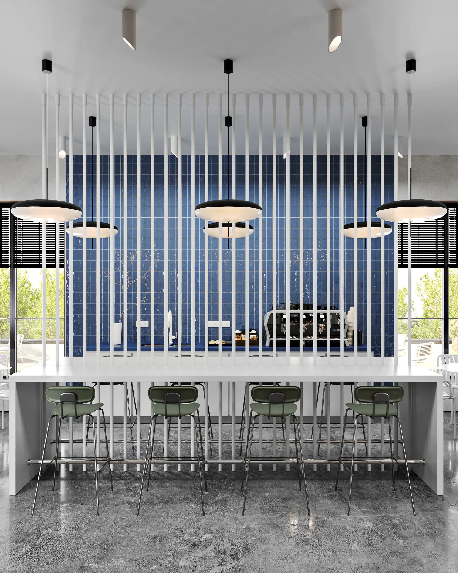 Kitchen bar area with high stools, separated by a stylish wooden slat partition.