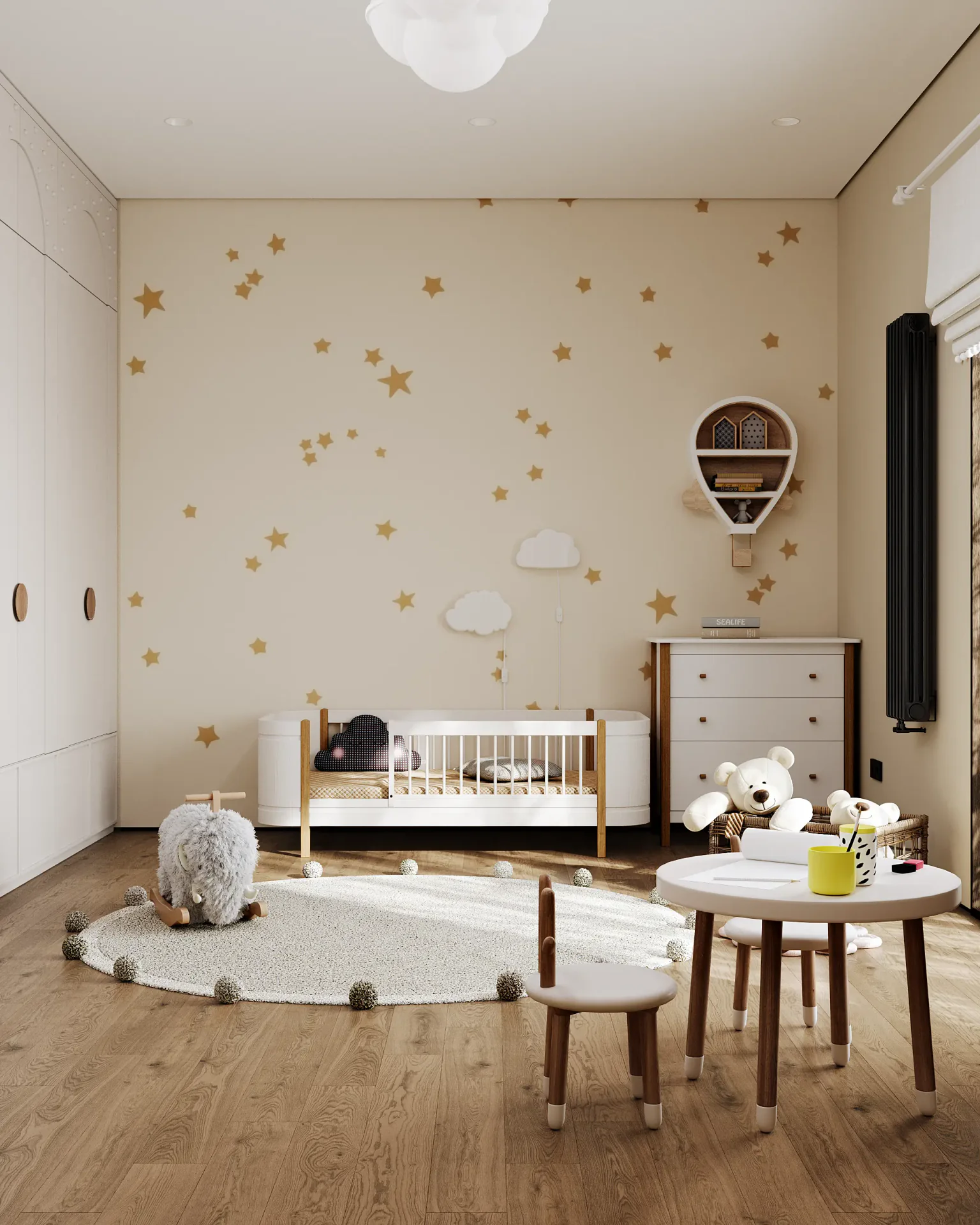 Bright Japandi child's room featuring a bed, play area, storage, and a small activity table.