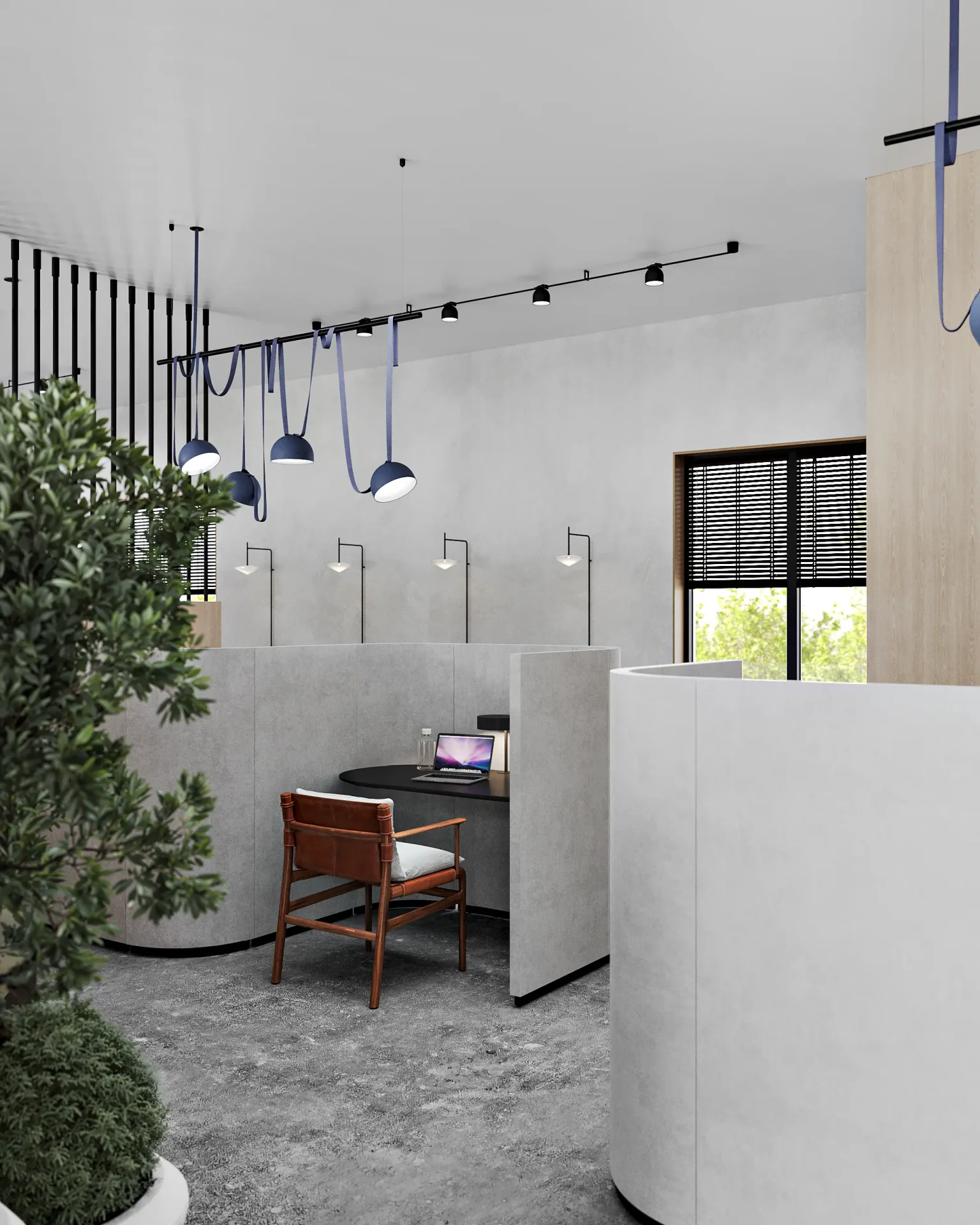 Shared workspaces curving along a custom wooden partition with minimalist chairs.