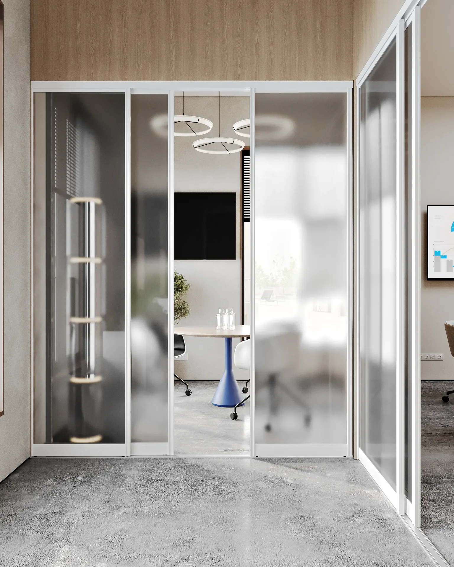 Frontal view into a modern, glass-walled meeting room set for four people.