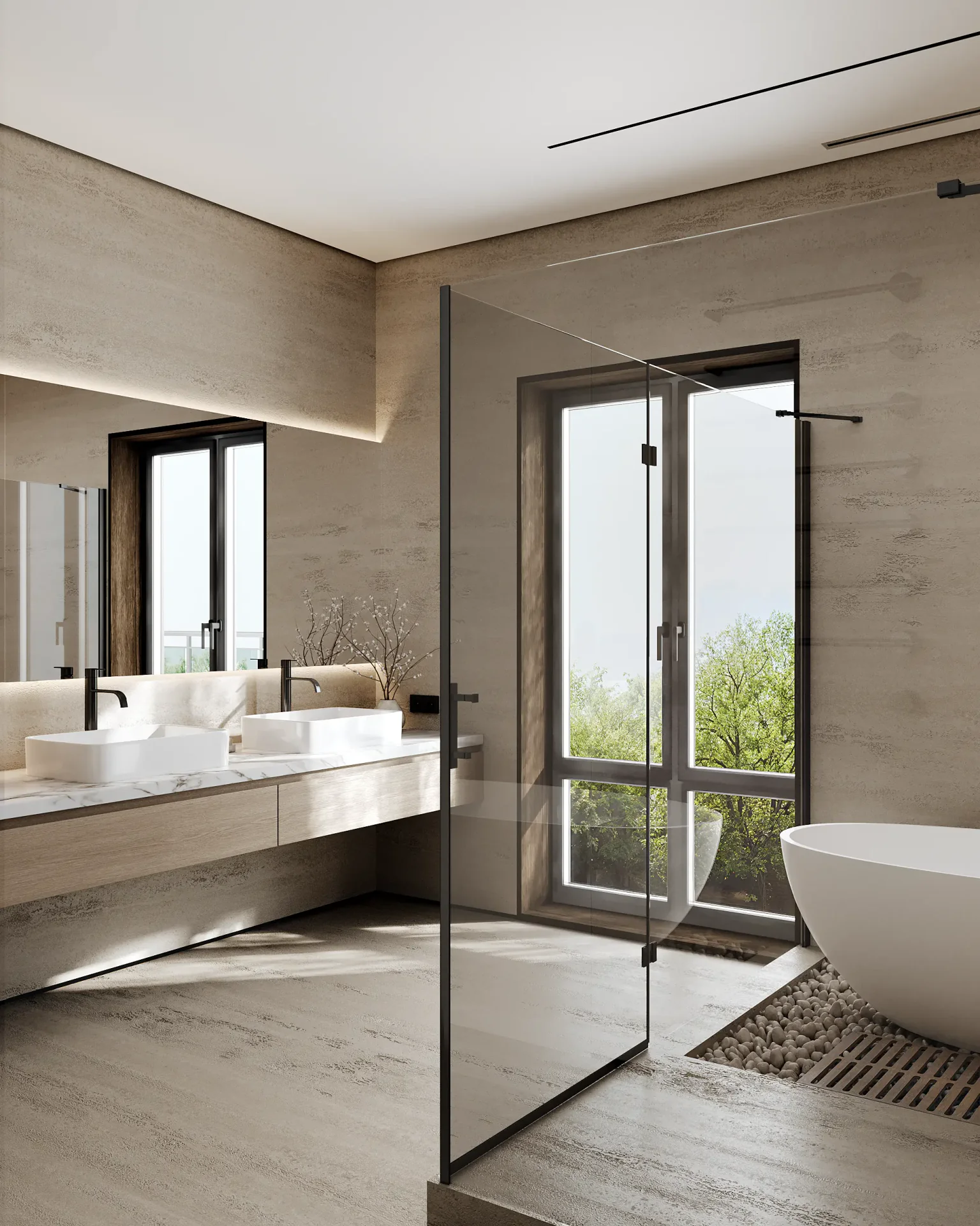 Japandi master bathroom featuring a modern double vanity with two sleek countertop sinks.