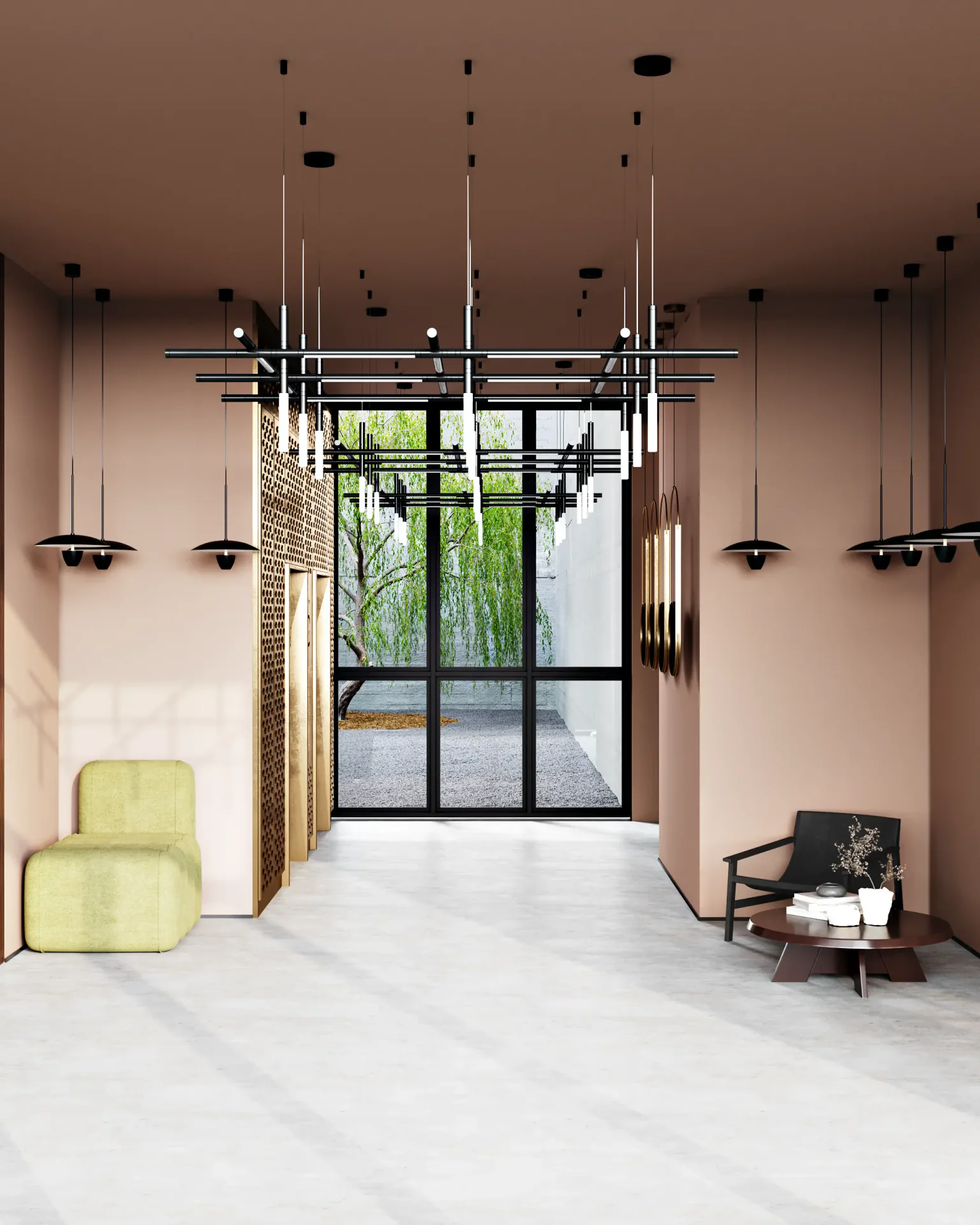 Building entrance looking out to the landscaped courtyard