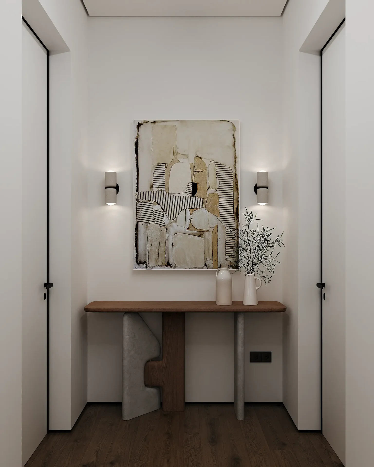 Elegant Japandi console table with decor, positioned in the hallway between two bedrooms.