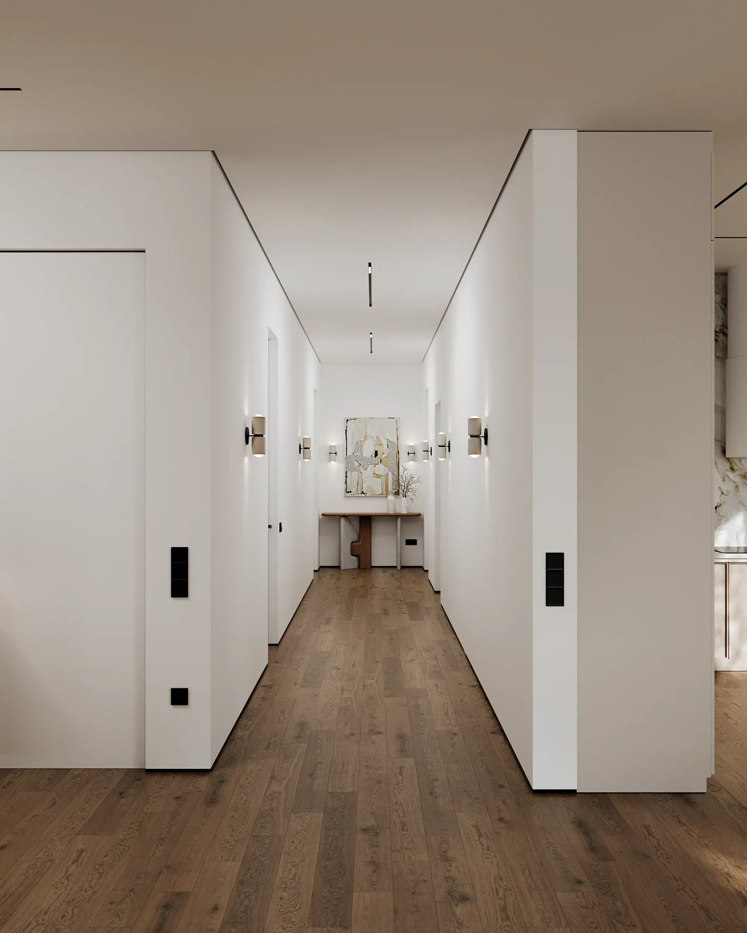 Bright Japandi apartment hallway, showing doorways to bedrooms and a glimpse of the open-plan kitchen.