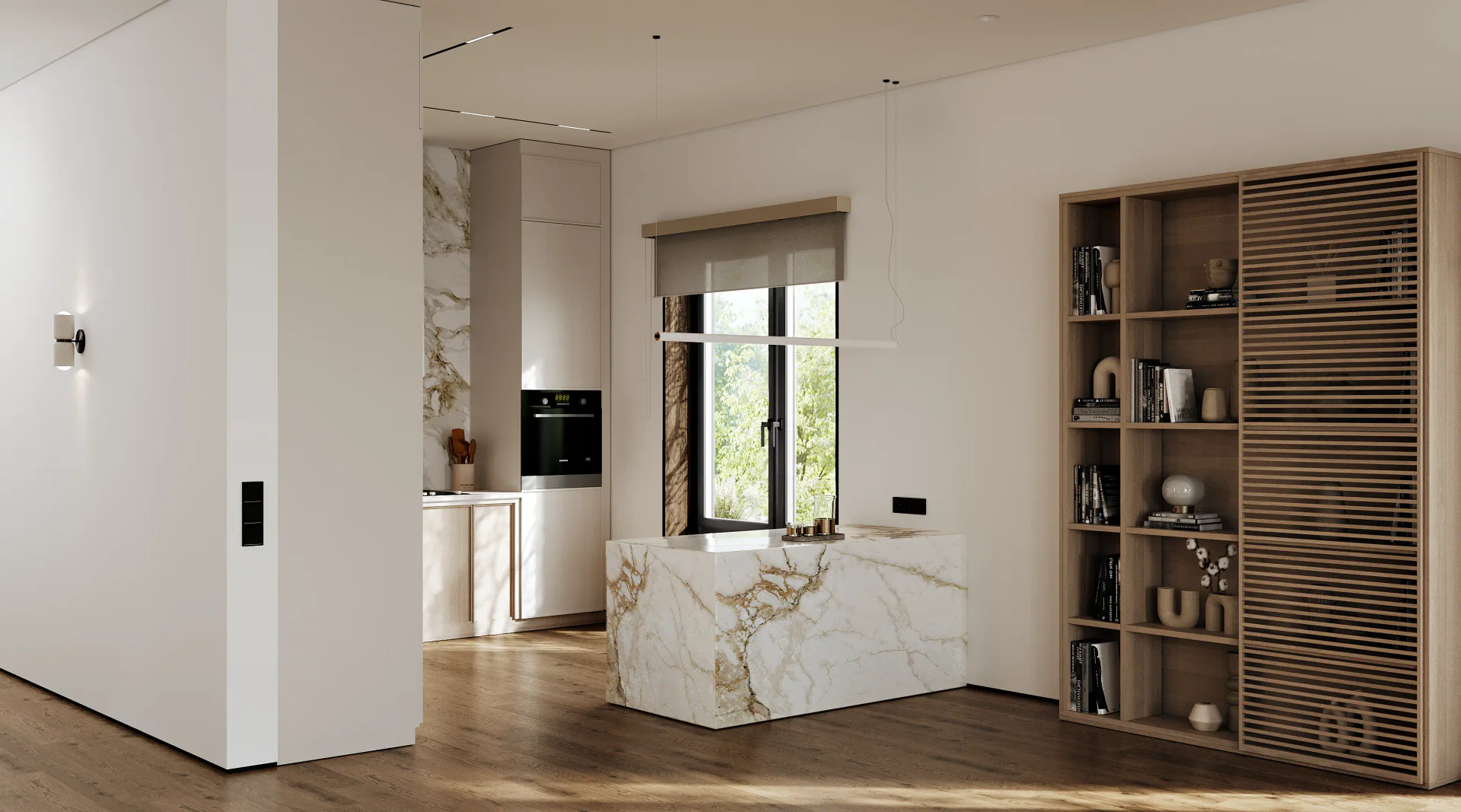 Sleek Japandi kitchen island with bar seating, backed by minimalist open shelving for decor.