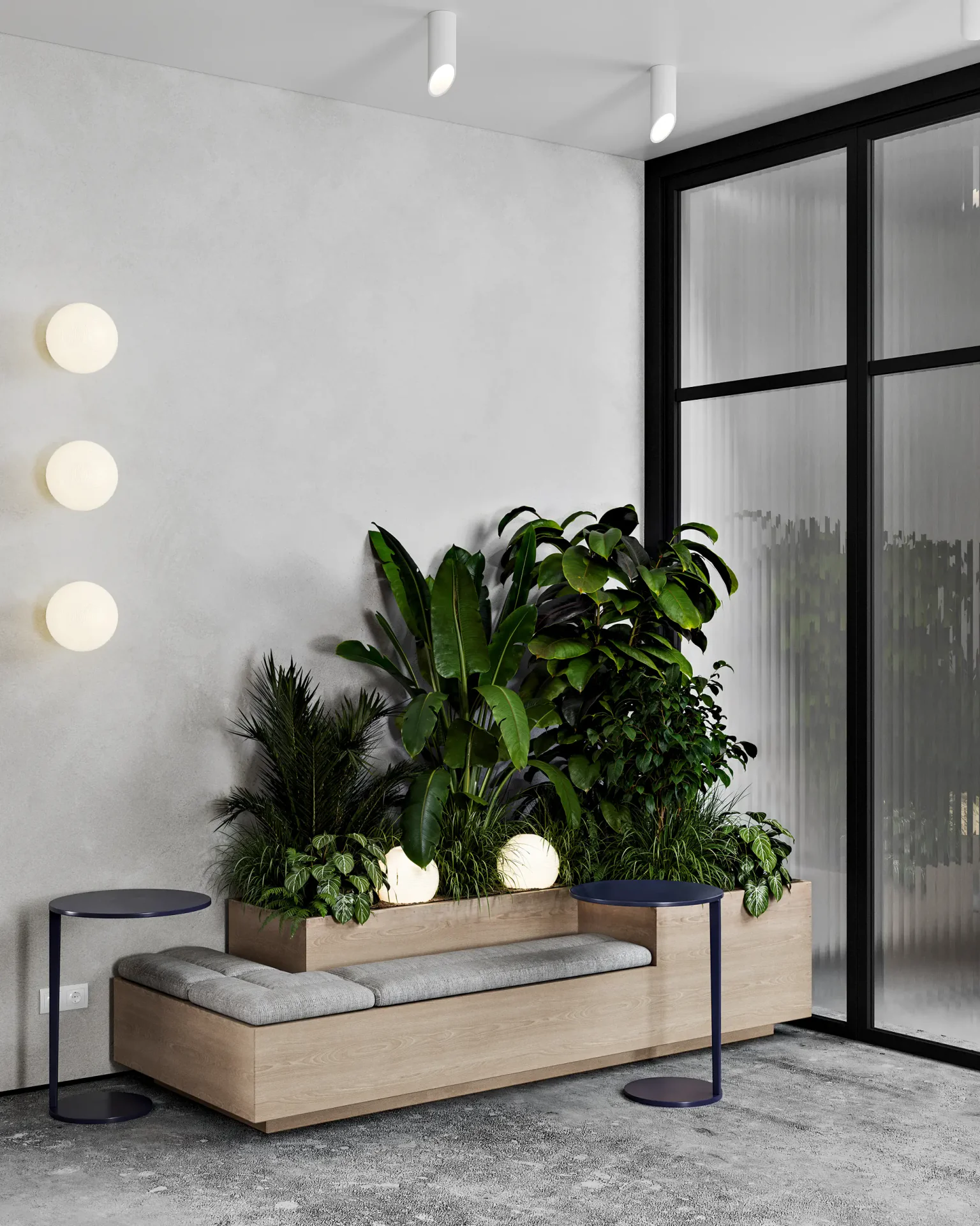 Stylish reception lounge with comfortable seating, coffee tables, and elegant floral decor.