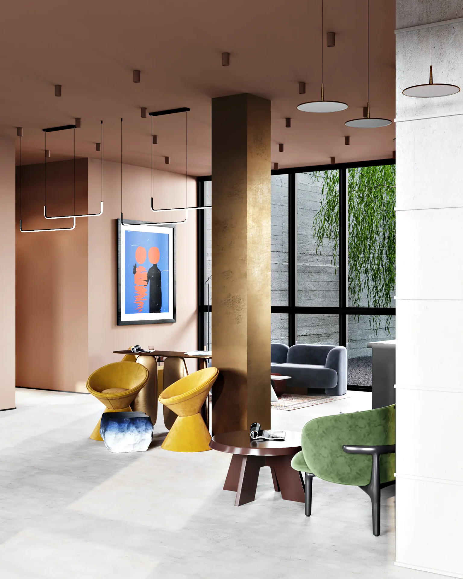 Interior column detail, waiting zone, and window lounge setup