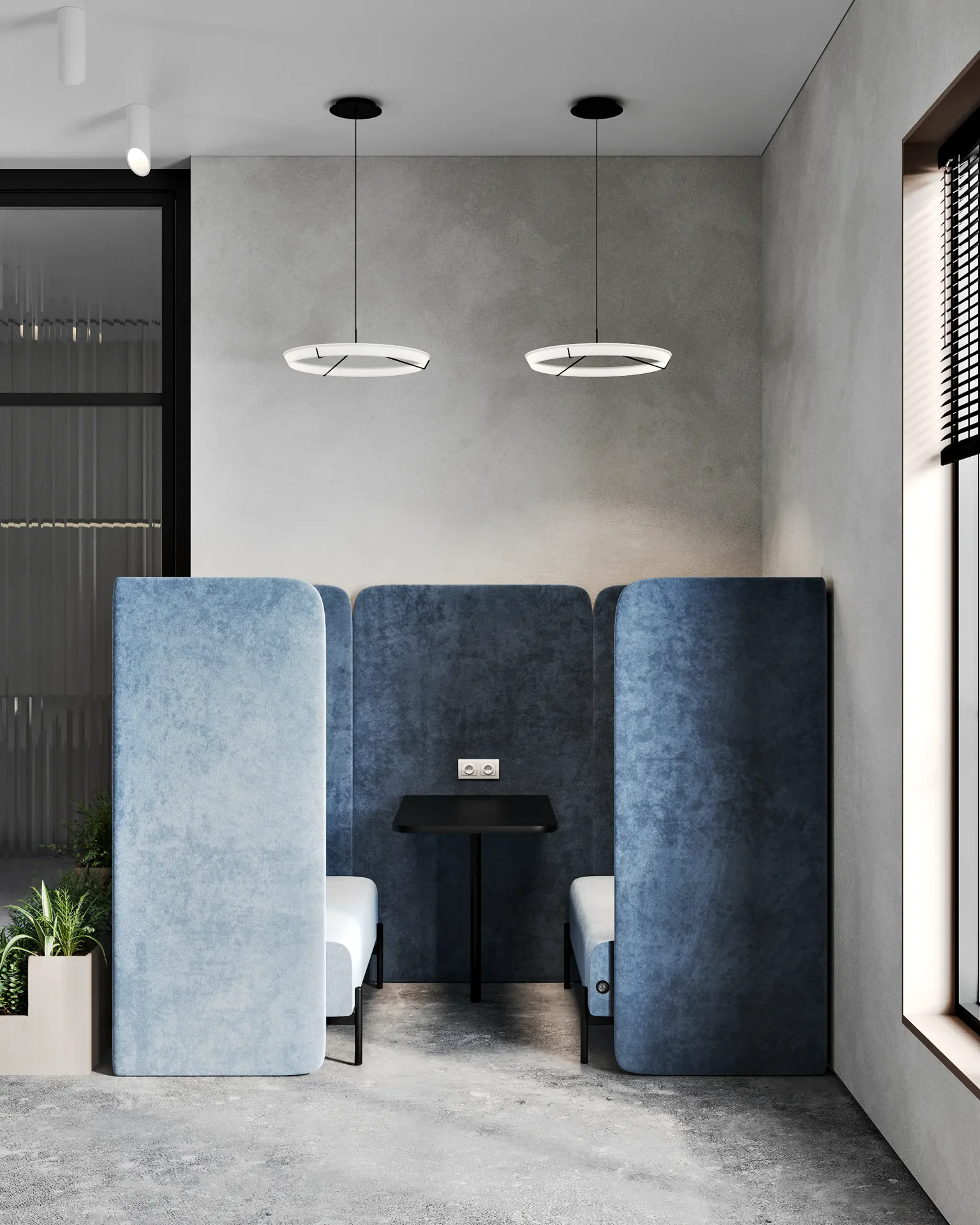 Frontal view of a private, blue upholstered two-person meeting pod.