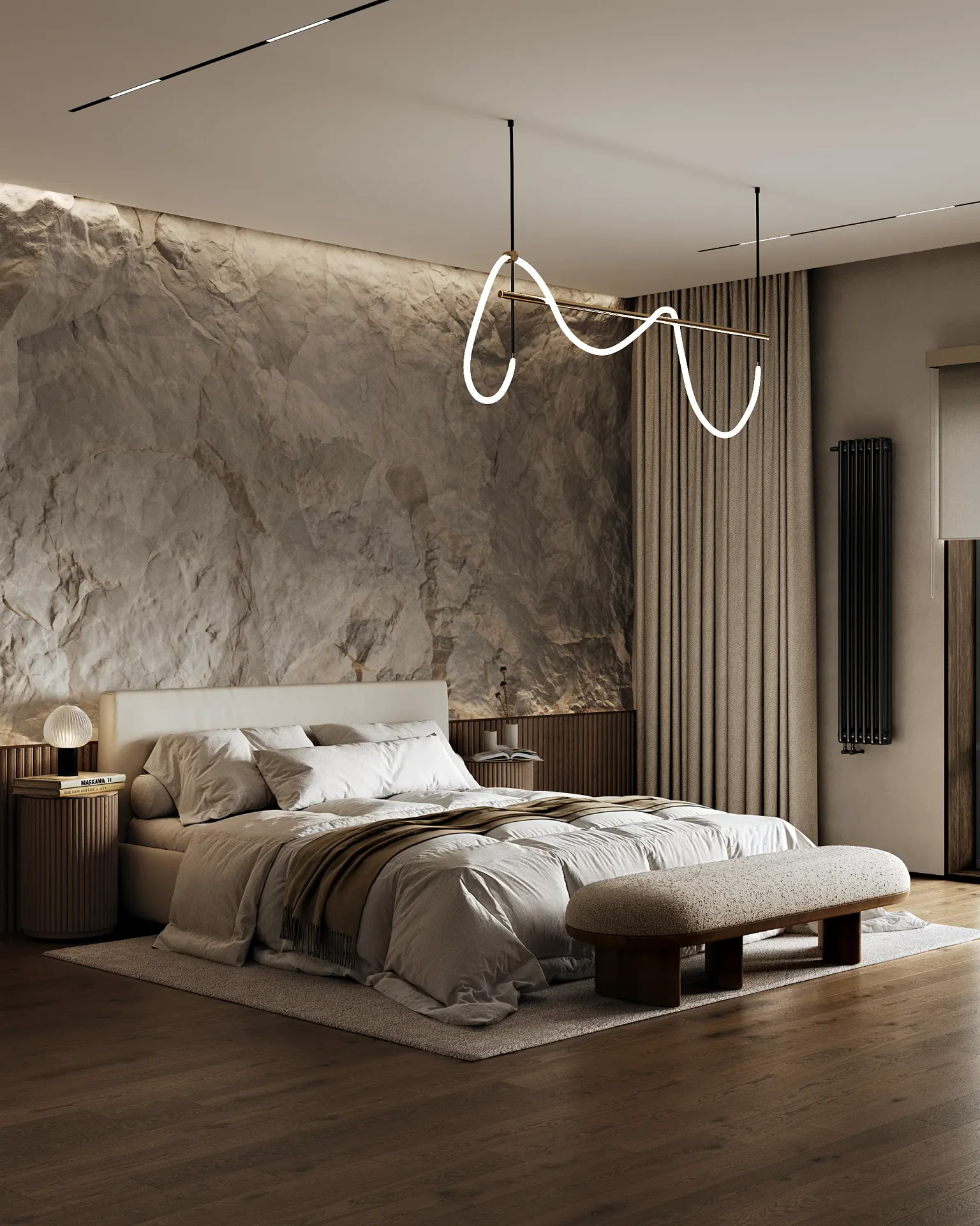 Corner view of the minimalist Japandi master bedroom, focusing on the serene bed and textiles.