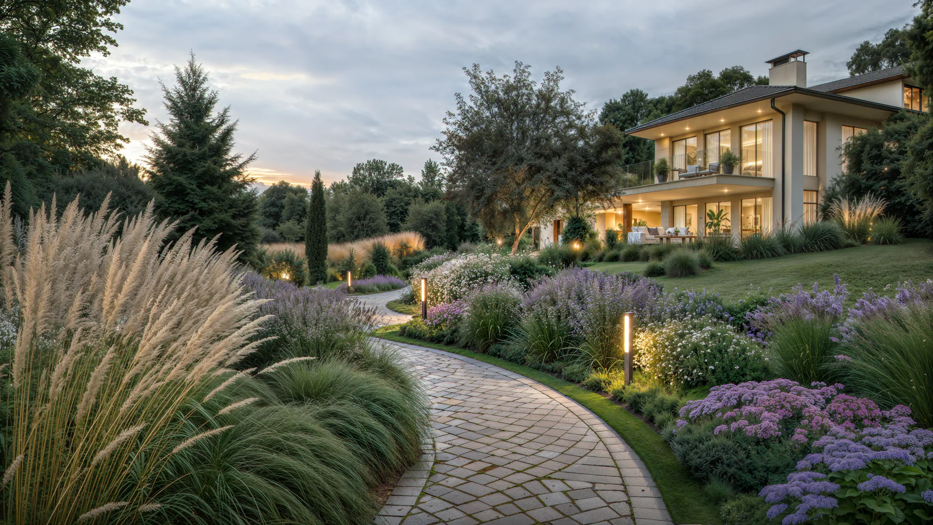 Elegant landscape design surrounding a classic luxury mansion.