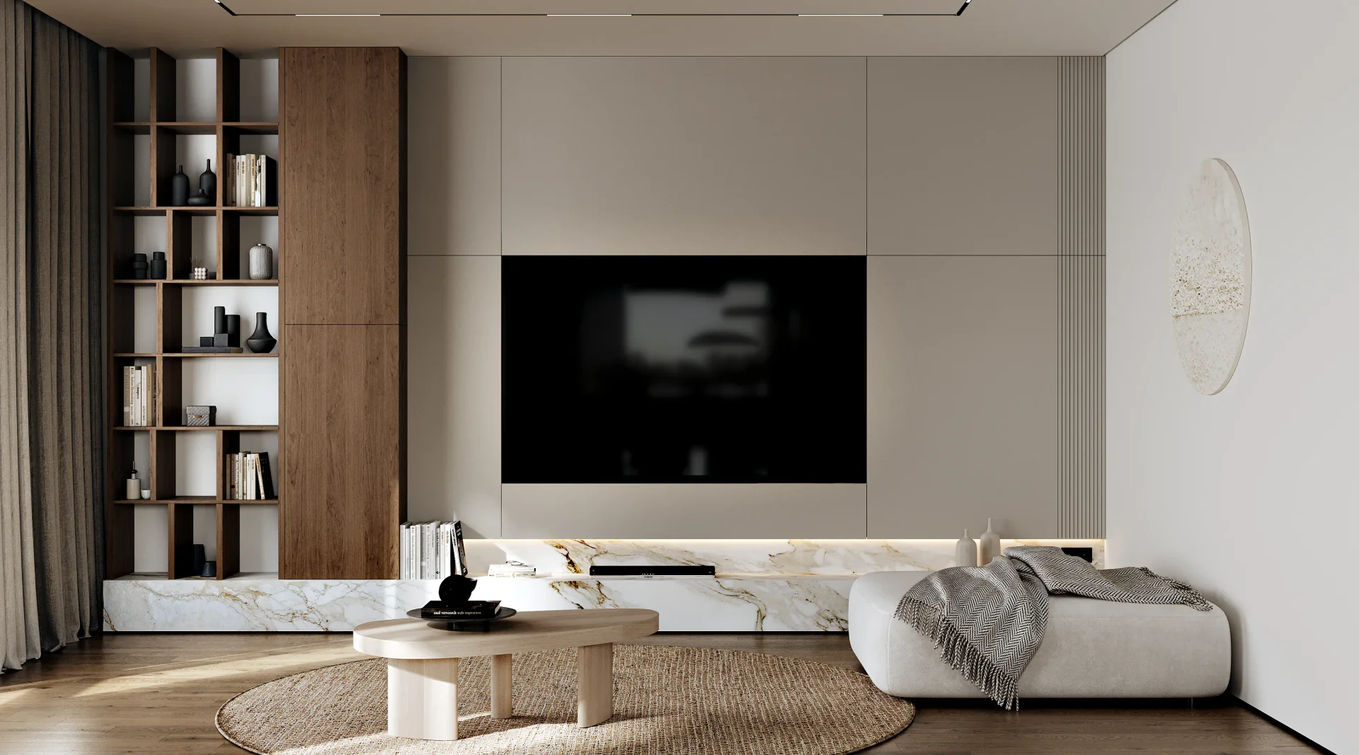Serene Japandi living room featuring a minimalist TV console and integrated wooden wall panels.