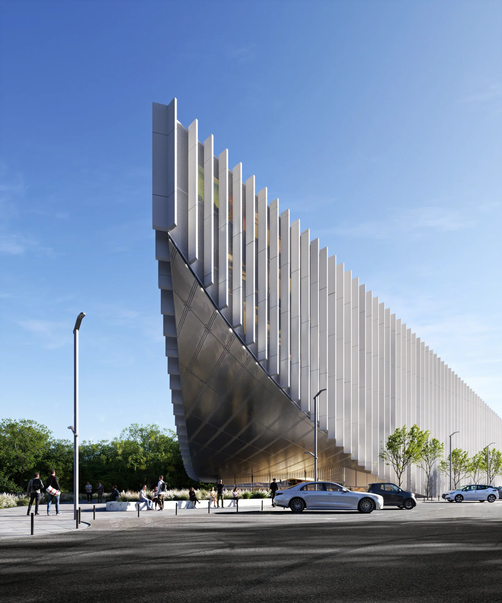 Frontal view of the contemporary cultural center facade, showing its landscaped plaza with people enjoying the space.