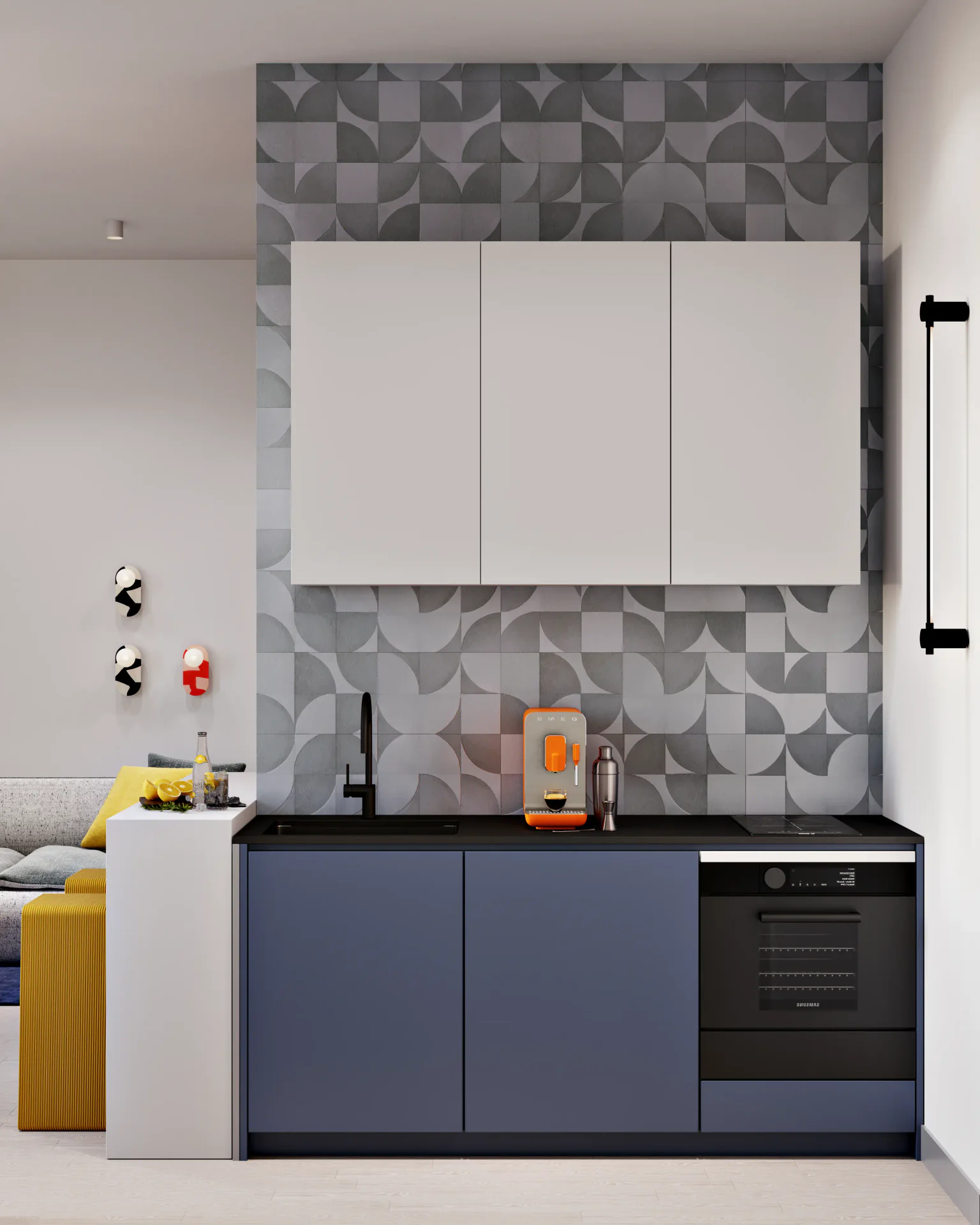 Front elevation of sleek modern kitchen cabinetry