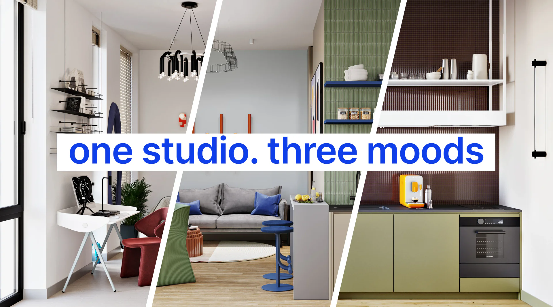 Interior design collage showcasing a modern studio apartment in multiple color palette variations.