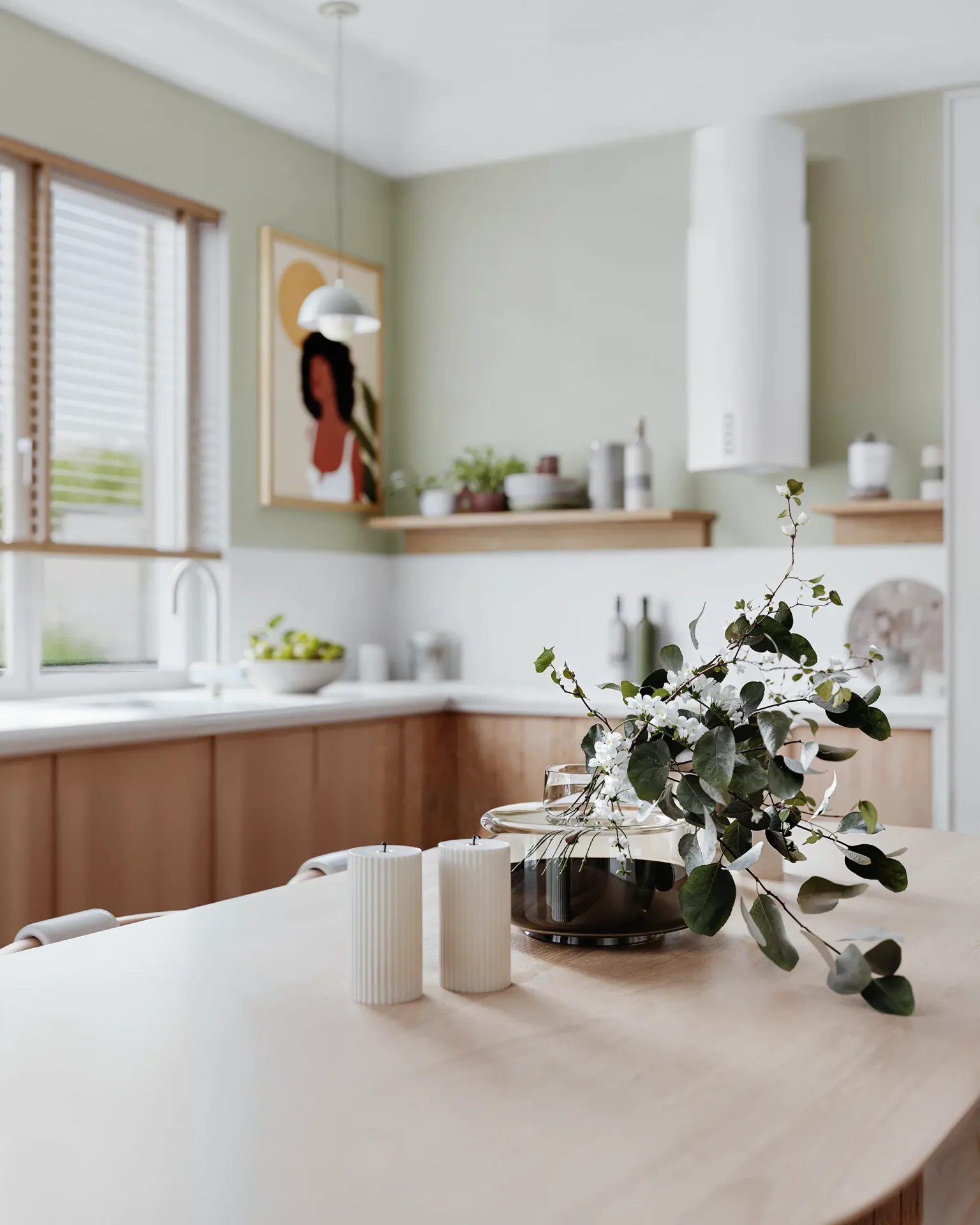 Close-up of dining table decor with a glimpse of kitchen cabinetry.