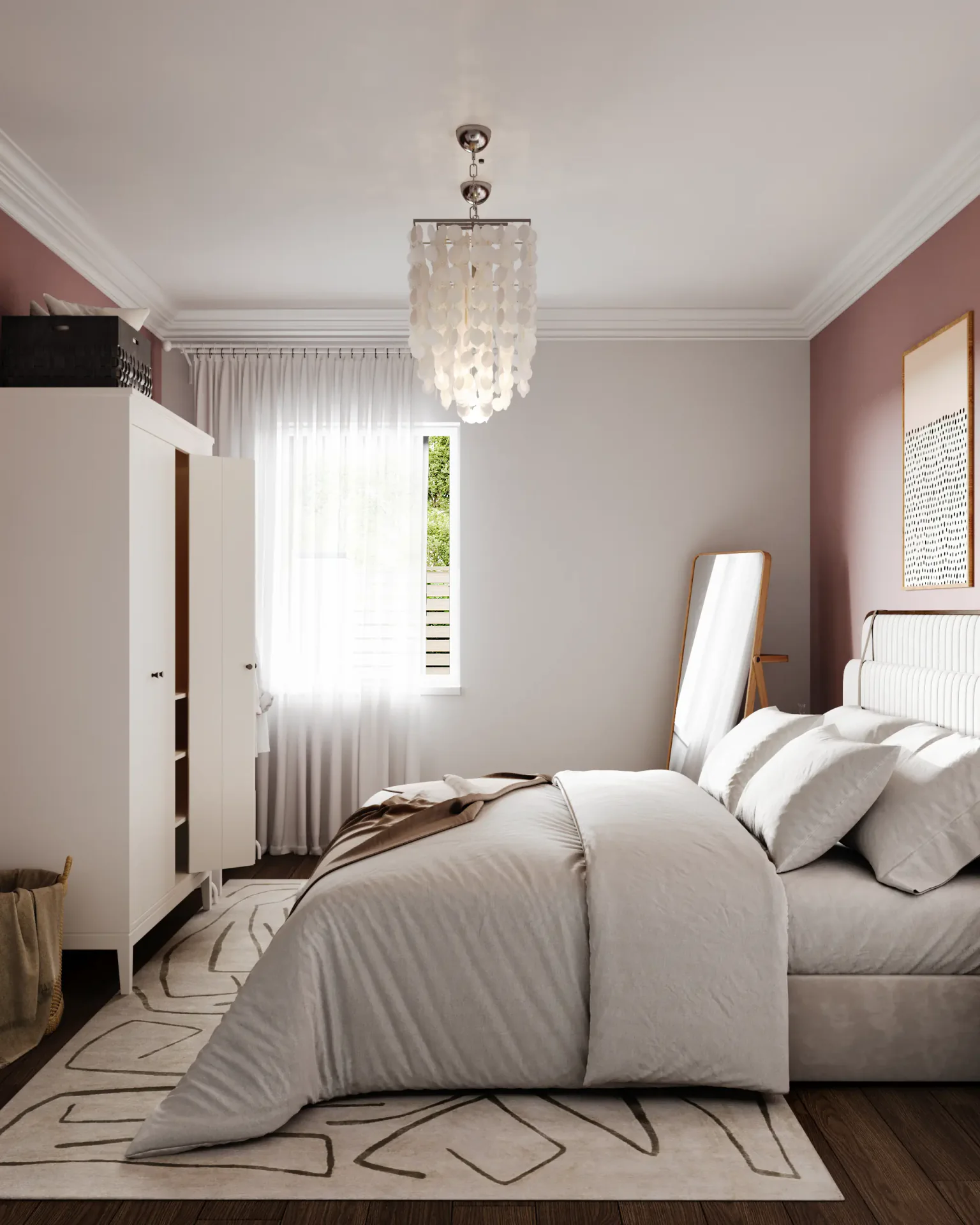 General bedroom view from the entrance showing bed and wardrobe.