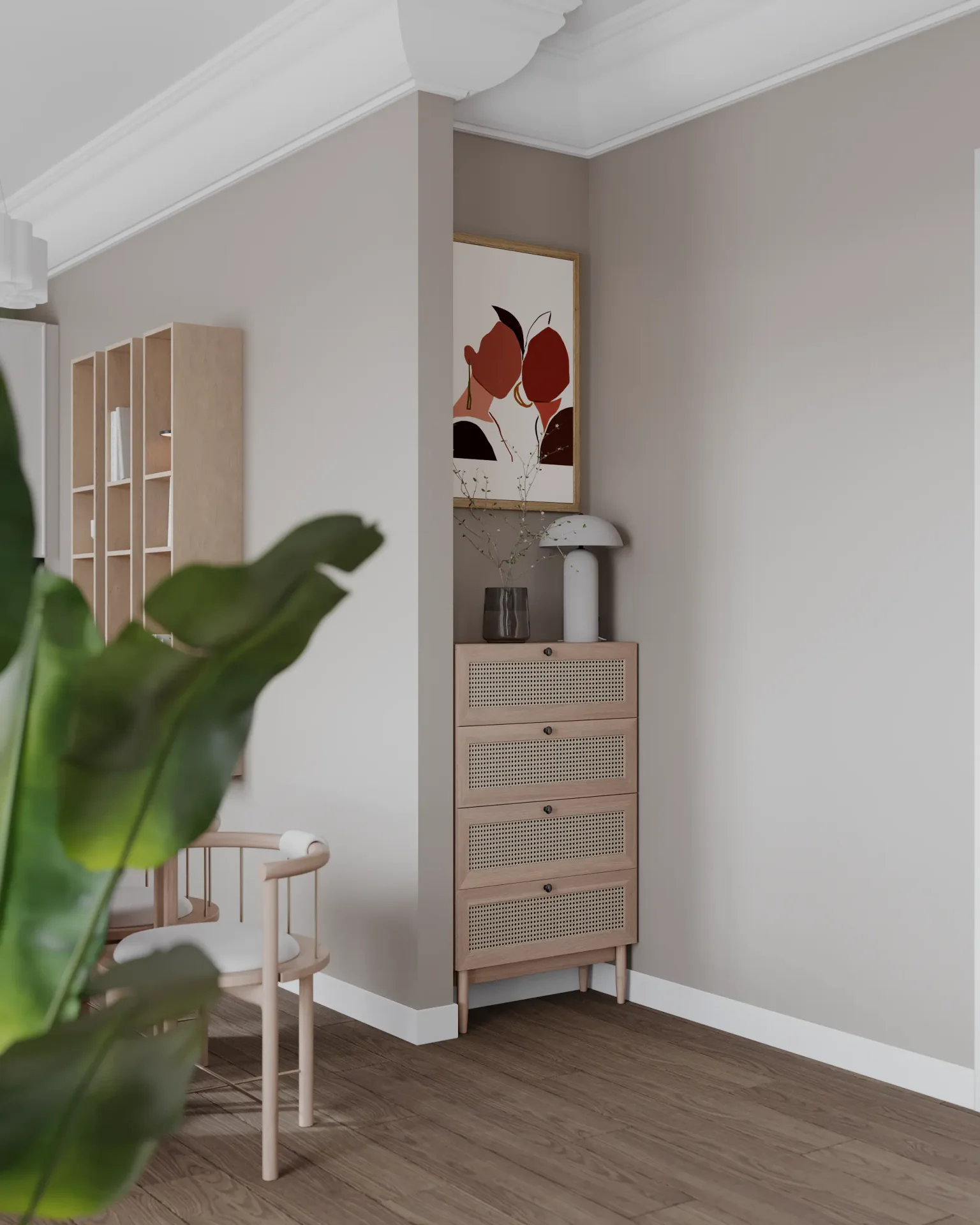 Kitchen niche featuring a chest of drawers and decorative items.