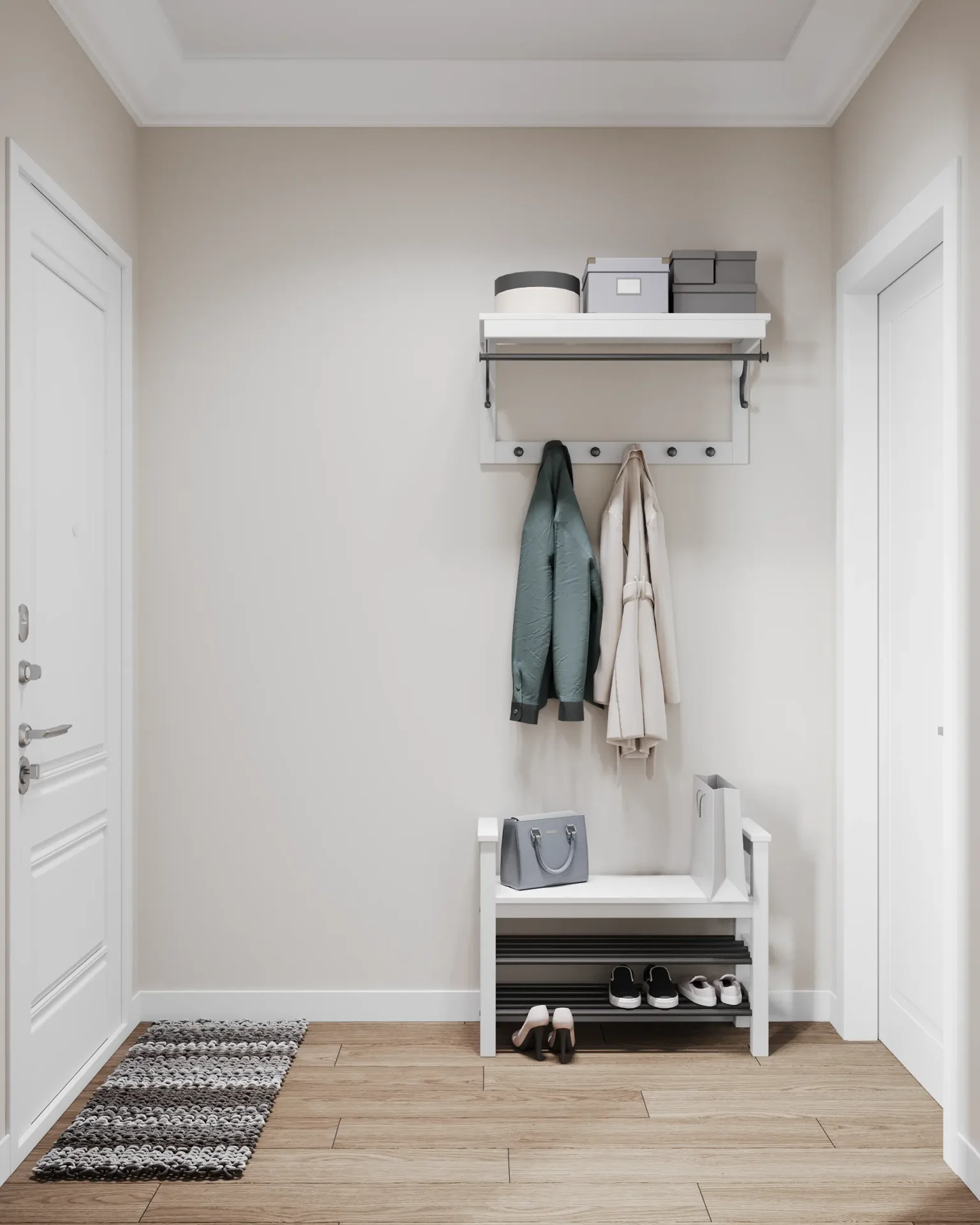 Front view of a shoe rack, coat hooks, and upper storage shelf.