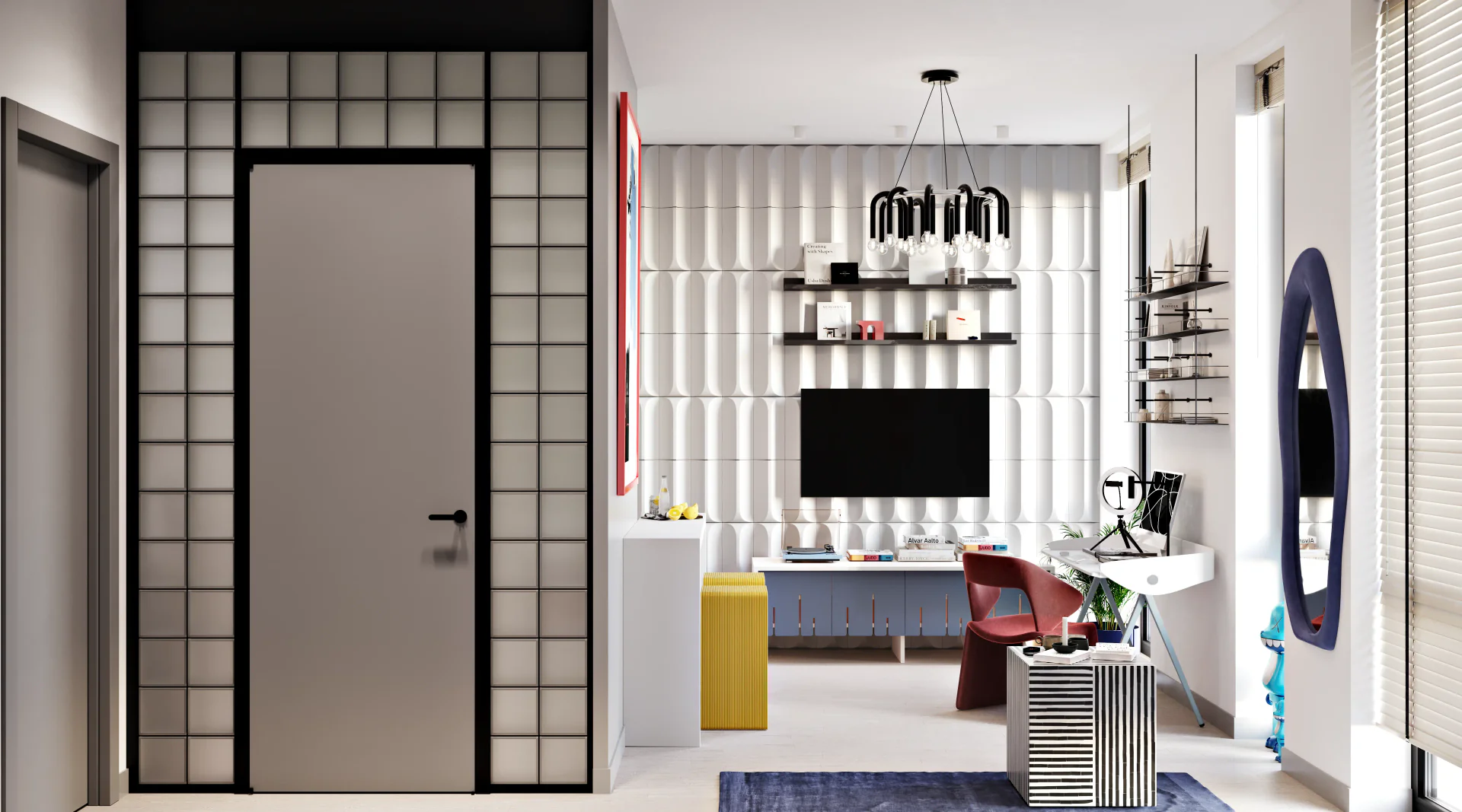 Bathroom entrance next to TV zone, desk, and bar counter